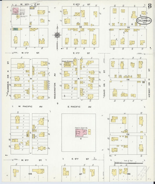 Sanborn Fire Insurance Map from Columbus, Platte County, Nebraska (1909), Sheet #0008 - Historic Sanborn Fire Insurance Map Print, vintage old map wall art, antique decor, genealogy gift, Nebraska Nebraska map