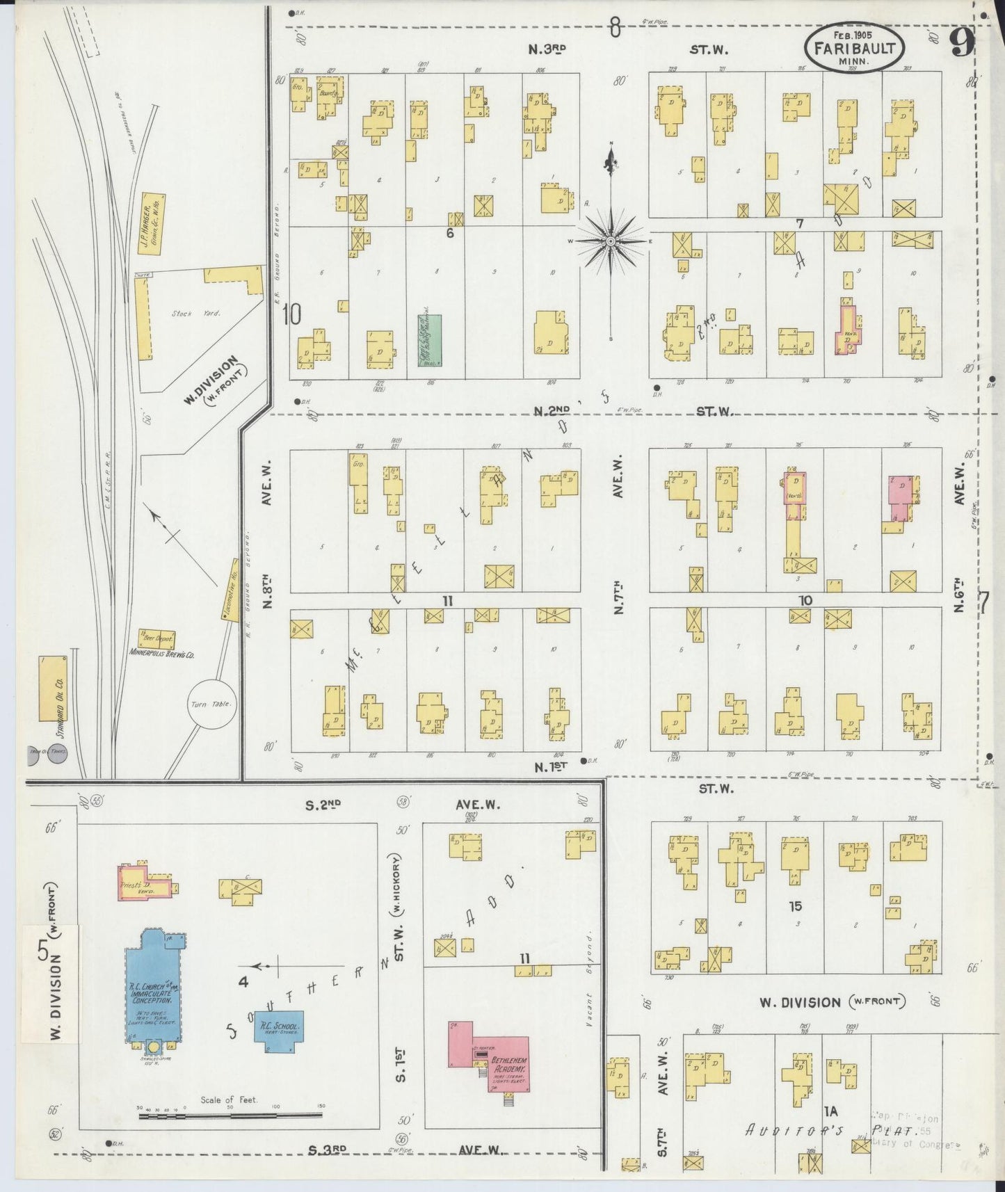 Sanborn Fire Insurance Map from Faribault, Rice County, Minnesota (1905), Sheet #0009 - Complete Map Set gallery image, historic Sanborn map, vintage wall art, Minnesota Minnesota