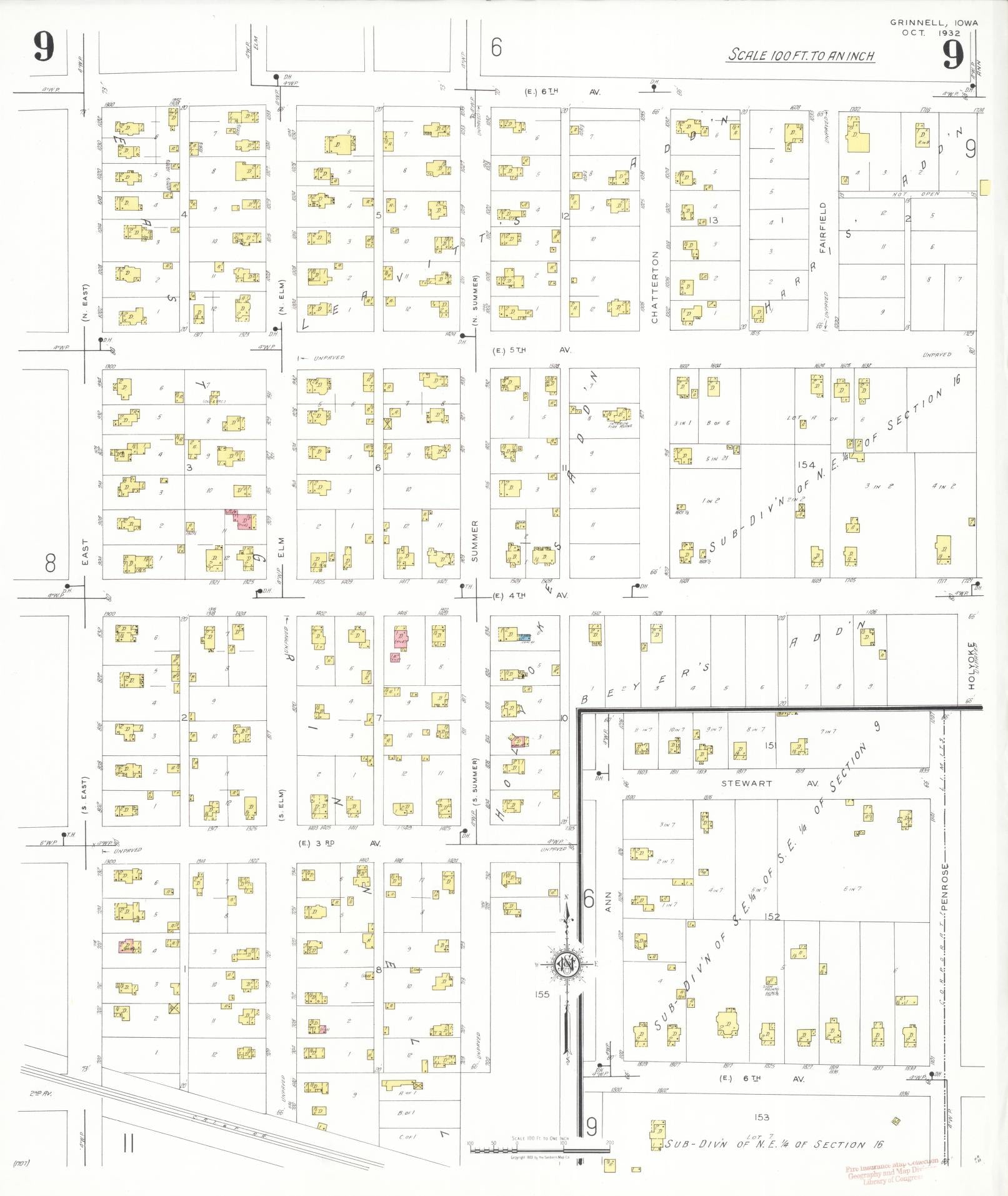Sanborn Fire Insurance Map from Grinnell, Poweshiek County, Iowa (1932), Sheet #0009 - Historic Sanborn Fire Insurance Map Print, vintage old map wall art