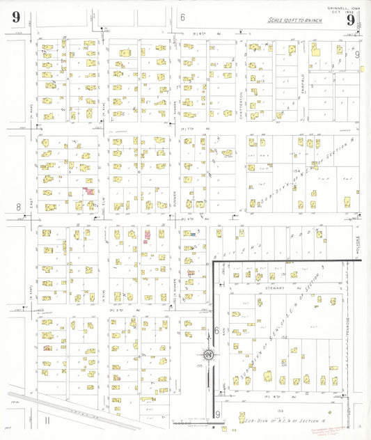 Sanborn Fire Insurance Map from Grinnell, Poweshiek County, Iowa (1932), Sheet #0009 - Historic Sanborn Fire Insurance Map Print, vintage old map wall art