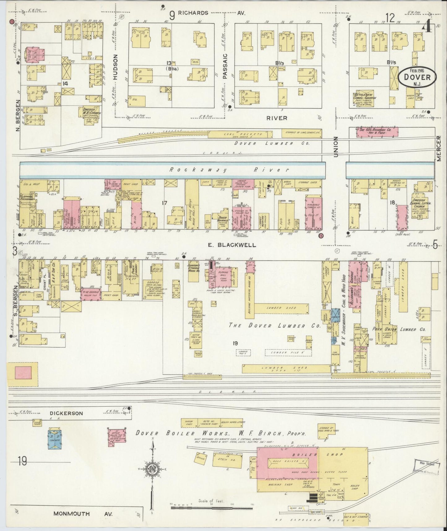 Sanborn Fire Insurance Map from Dover, Morris County, New Jersey (1916), Sheet #0004 - Historic Sanborn Fire Insurance Map Print, vintage old map wall art, antique decor, genealogy gift, New Jersey New Jersey map