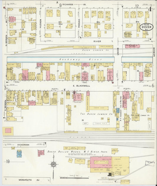 Sanborn Fire Insurance Map from Dover, Morris County, New Jersey (1916), Sheet #0004 - Historic Sanborn Fire Insurance Map Print, vintage old map wall art, antique decor, genealogy gift, New Jersey New Jersey map