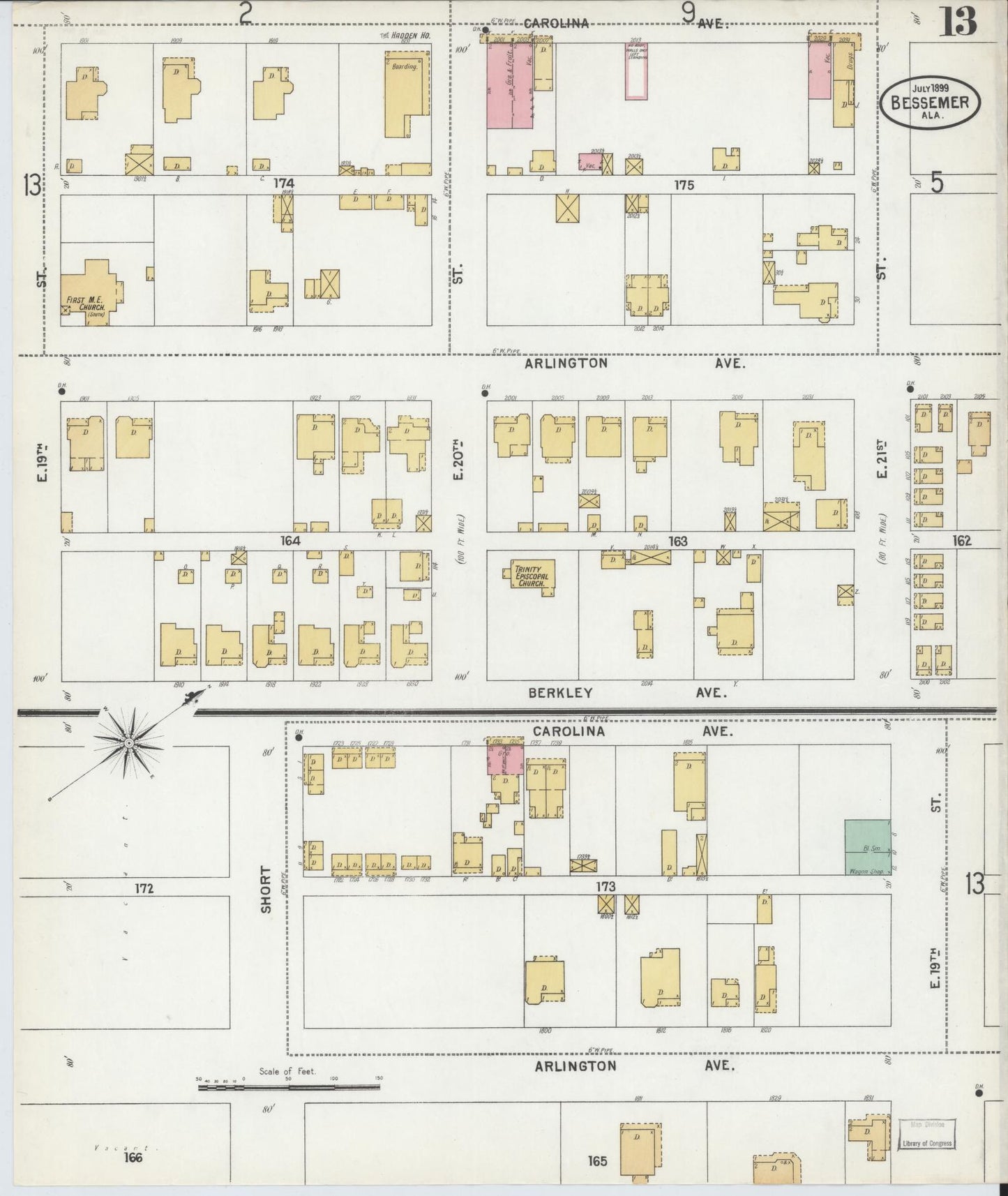 Sanborn Fire Insurance Map from Bessemer, Jefferson County, Alabama (1899), Sheet #0013 - Complete Map Set gallery image, historic Sanborn map, vintage wall art, Alabama Alabama