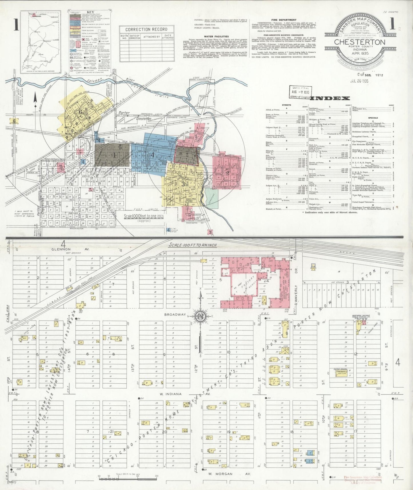 Sanborn Fire Insurance Map from Chesterton, Porter County, Indiana (1935), Sheet #0001 - Historic Sanborn Fire Insurance Map Print, vintage old map wall art, antique decor, genealogy gift, Indiana Indiana map