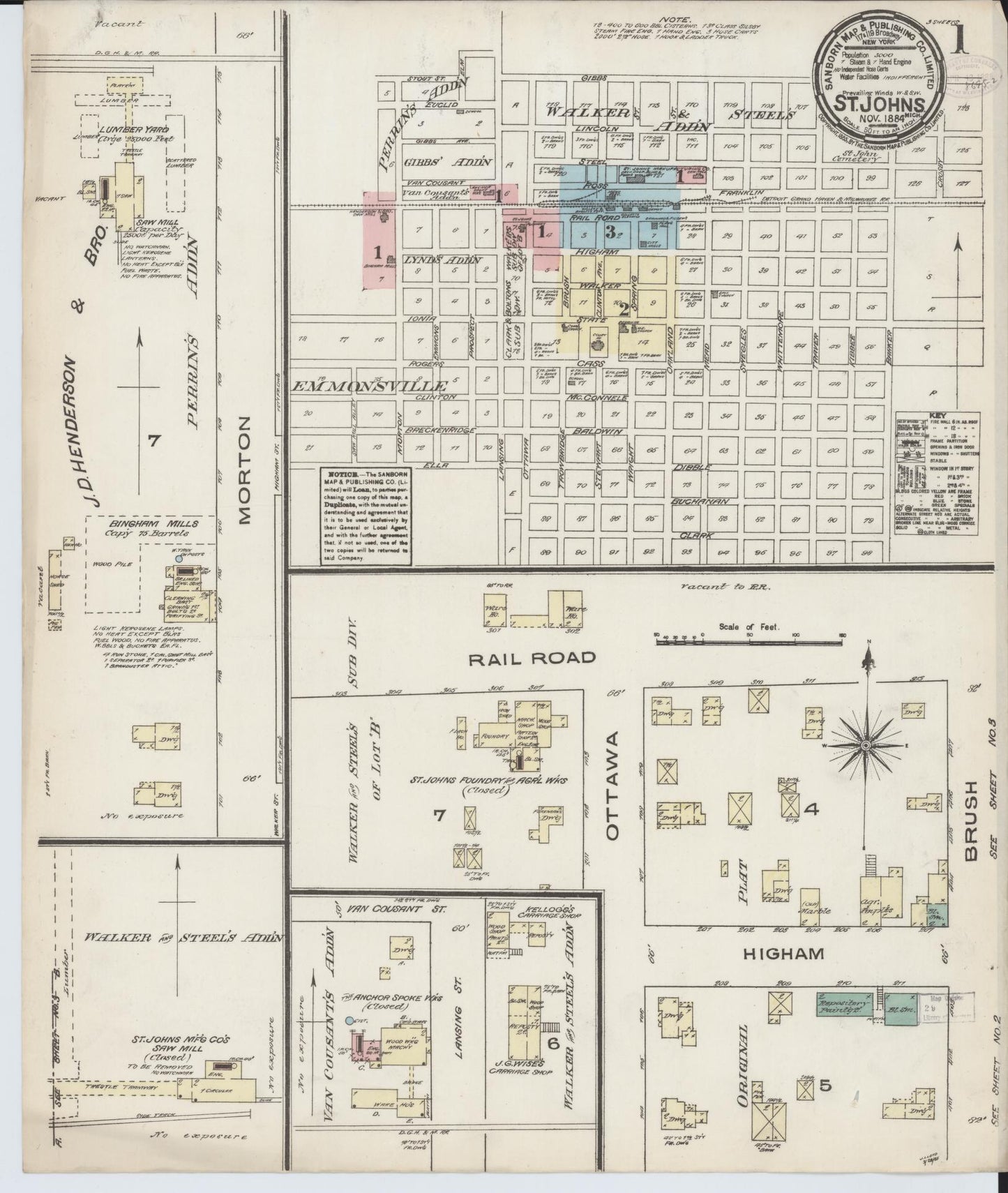 Sanborn Fire Insurance Map from Saint Johns, Clinton County, Michigan (1884), Sheet #0001 - Complete Map Set gallery image, historic Sanborn map, vintage wall art, Michigan Michigan