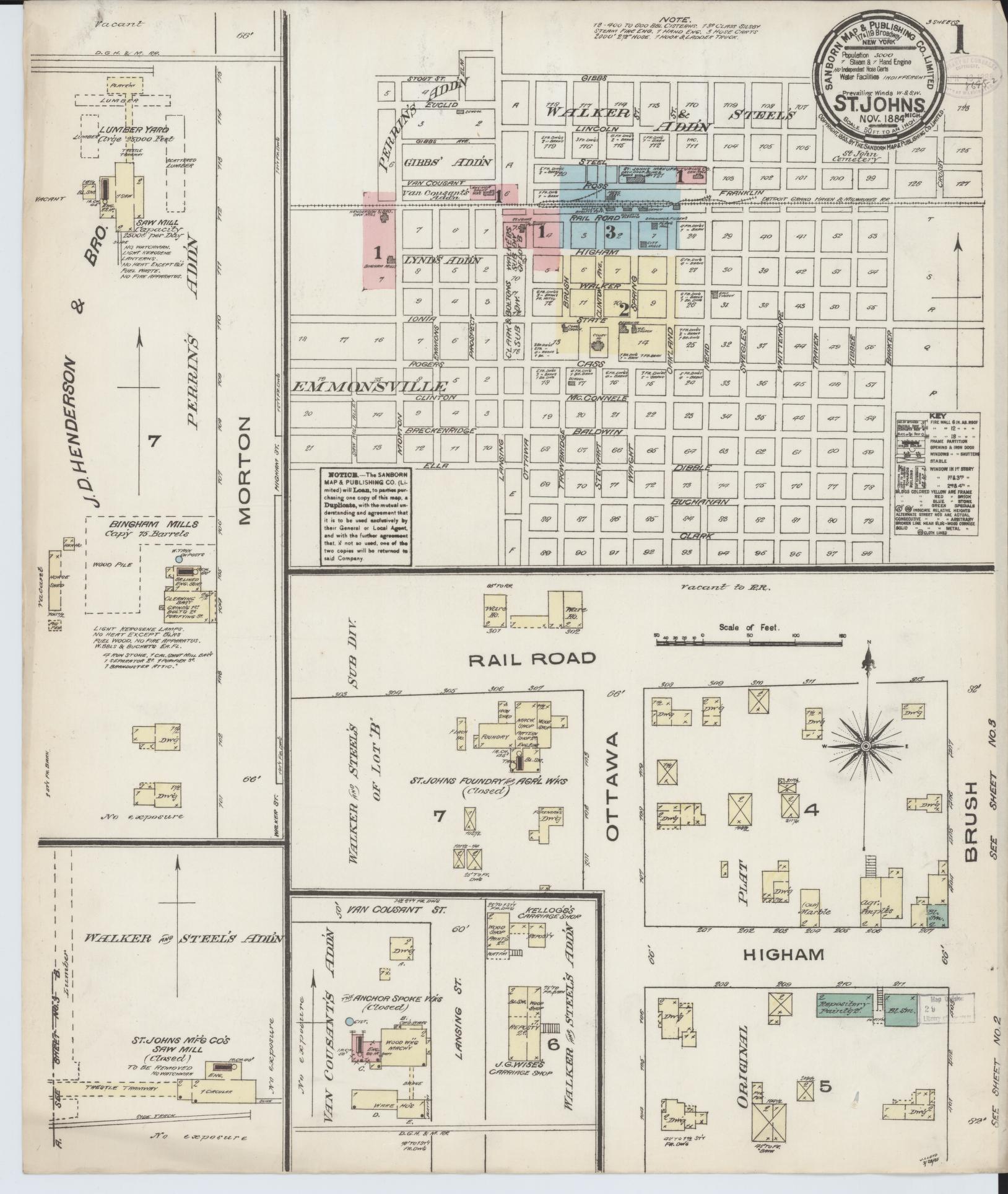 Sanborn Fire Insurance Map from Saint Johns, Clinton County, Michigan (1884), Sheet #0001 - Complete Map Set gallery image, historic Sanborn map, vintage wall art, Michigan Michigan