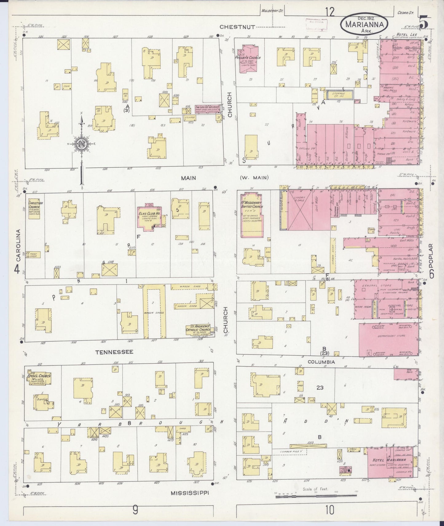 Sanborn Fire Insurance Map from Marianna, Lee County, Arkansas (1912), Sheet #0005 - Historic Sanborn Fire Insurance Map Print, vintage old map wall art, antique decor, genealogy gift, Arkansas Arkansas map