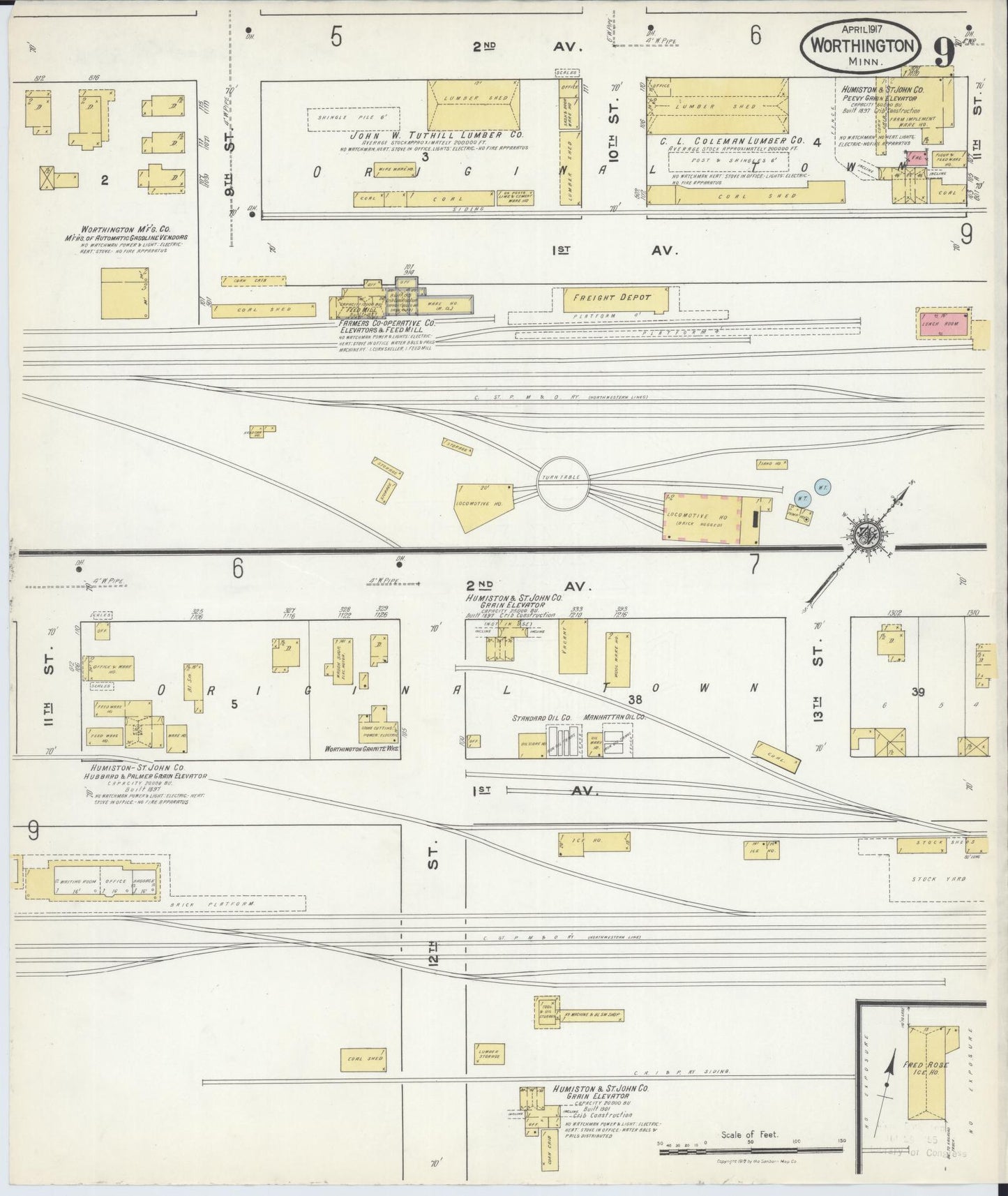 Sanborn Fire Insurance Map from Worthington, Nobles County, Minnesota (1917), Sheet #0009 - Complete Map Set gallery image, historic Sanborn map, vintage wall art, Minnesota Minnesota
