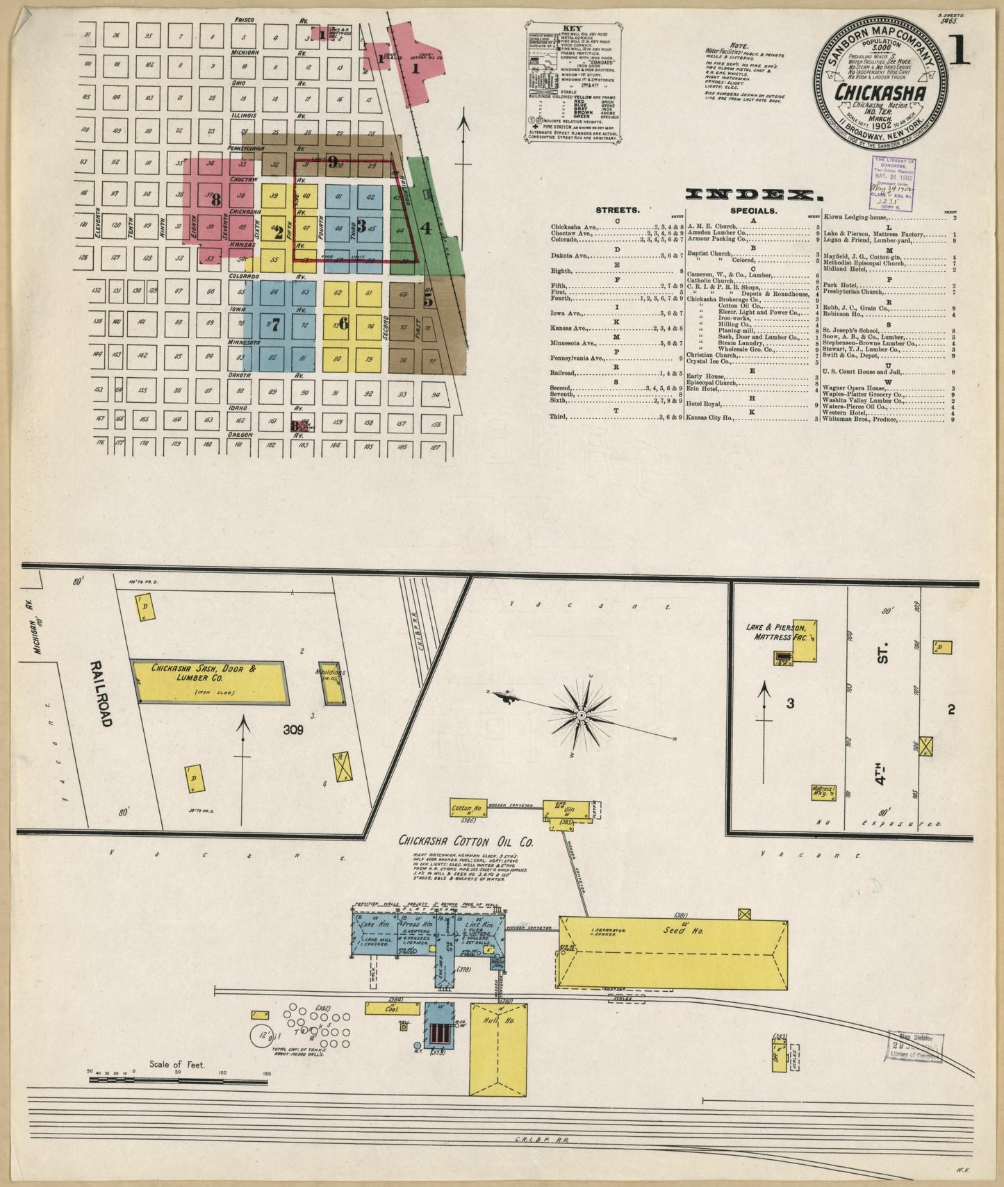 Sanborn Fire Insurance Map from Chickasha, Grady County, Oklahoma (1902), Sheet #0001 - Historic Sanborn Fire Insurance Map Print, vintage old map wall art, antique decor, genealogy gift, Oklahoma Oklahoma map