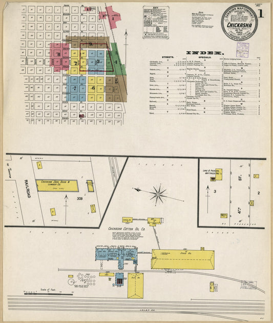 Sanborn Fire Insurance Map from Chickasha, Grady County, Oklahoma (1902), Sheet #0001 - Historic Sanborn Fire Insurance Map Print, vintage old map wall art, antique decor, genealogy gift, Oklahoma Oklahoma map
