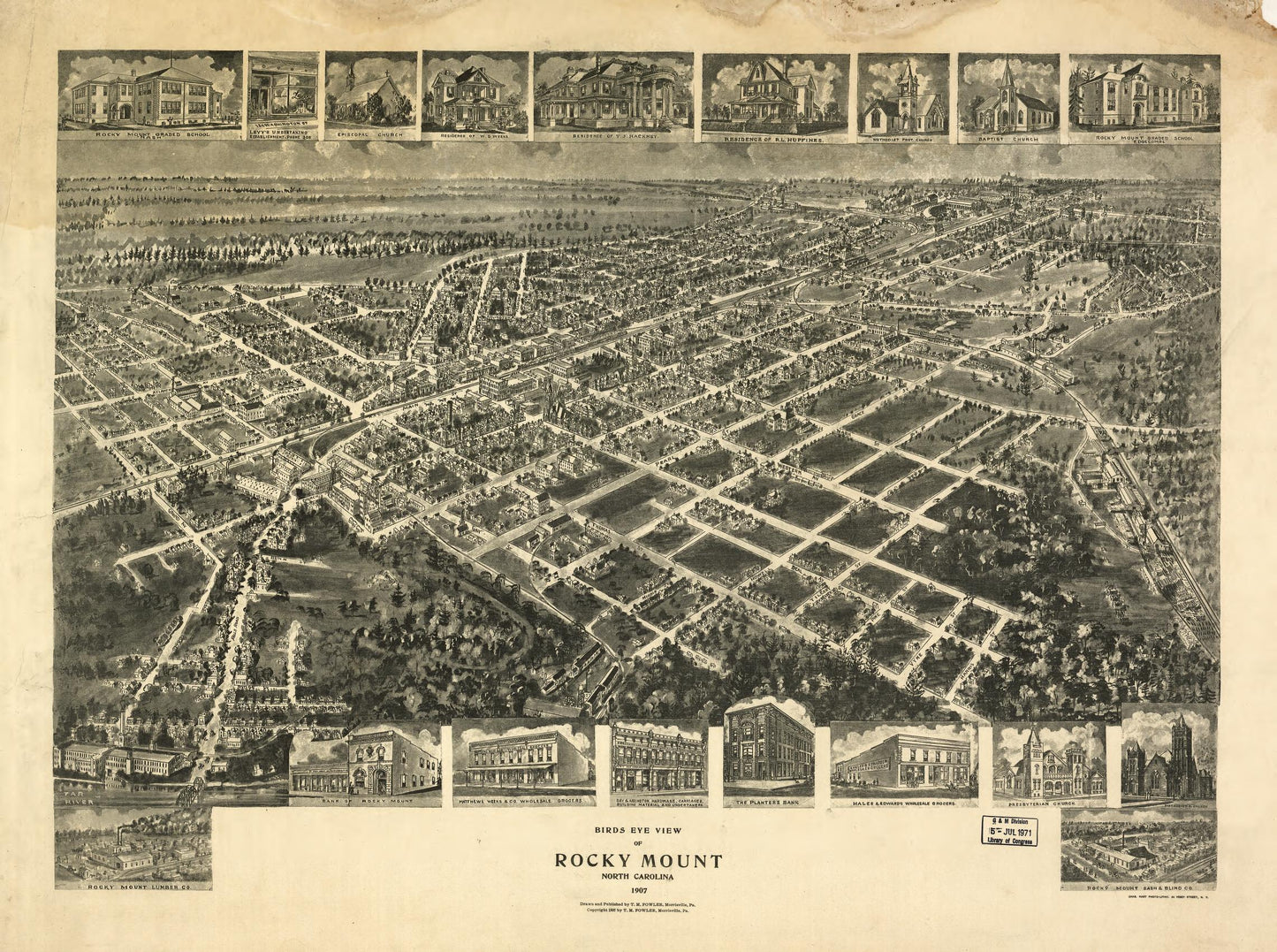 Bird's eye view of Rocky Mount, North Carolina 1907 (1907) – Historic Bird’s-Eye View Panorama Print
