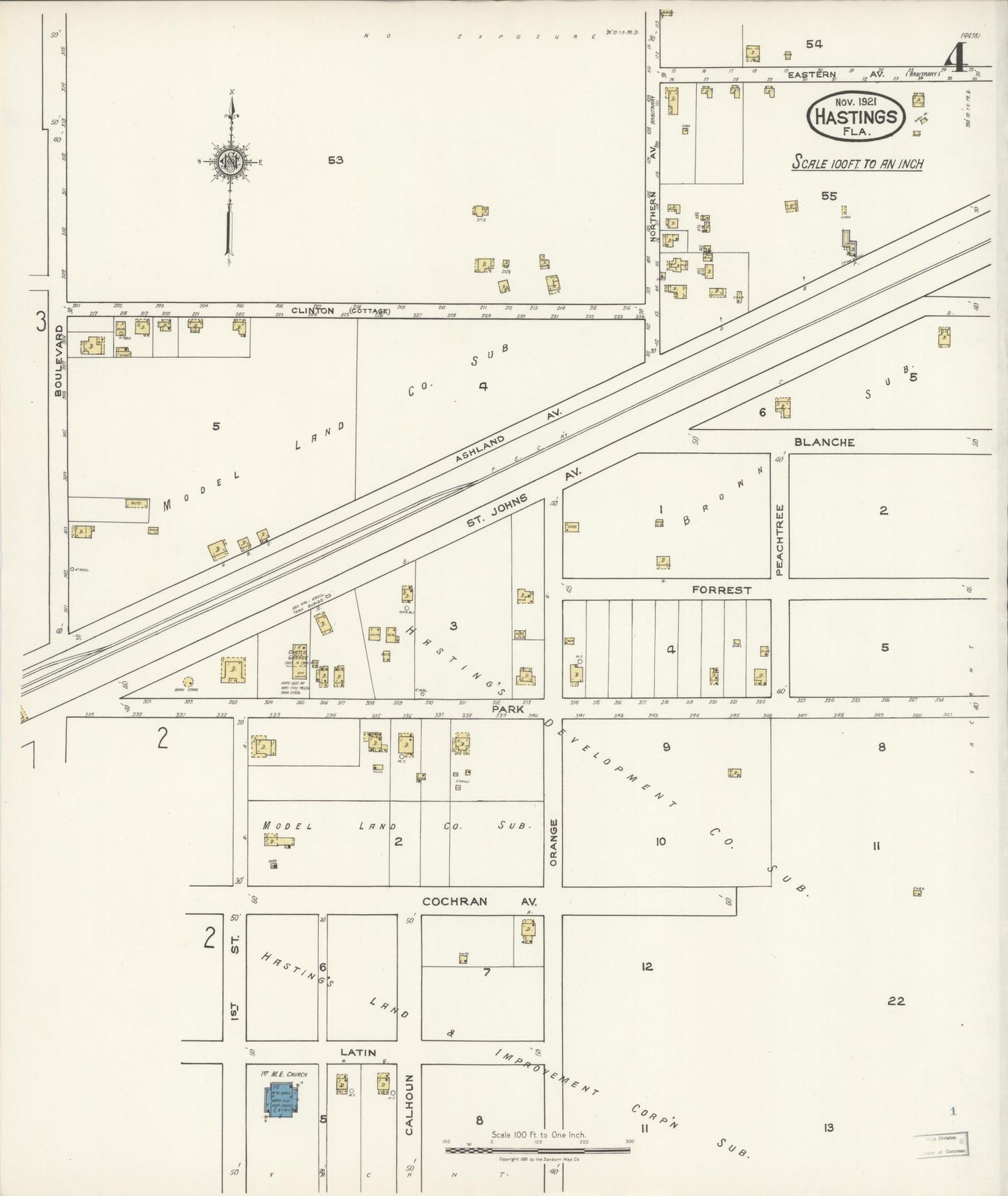 Sanborn Fire Insurance Map from Hastings, St. Johns County, Florida (1921), Sheet #0004 - Complete Map Set gallery image, historic Sanborn map, vintage wall art, Florida Florida