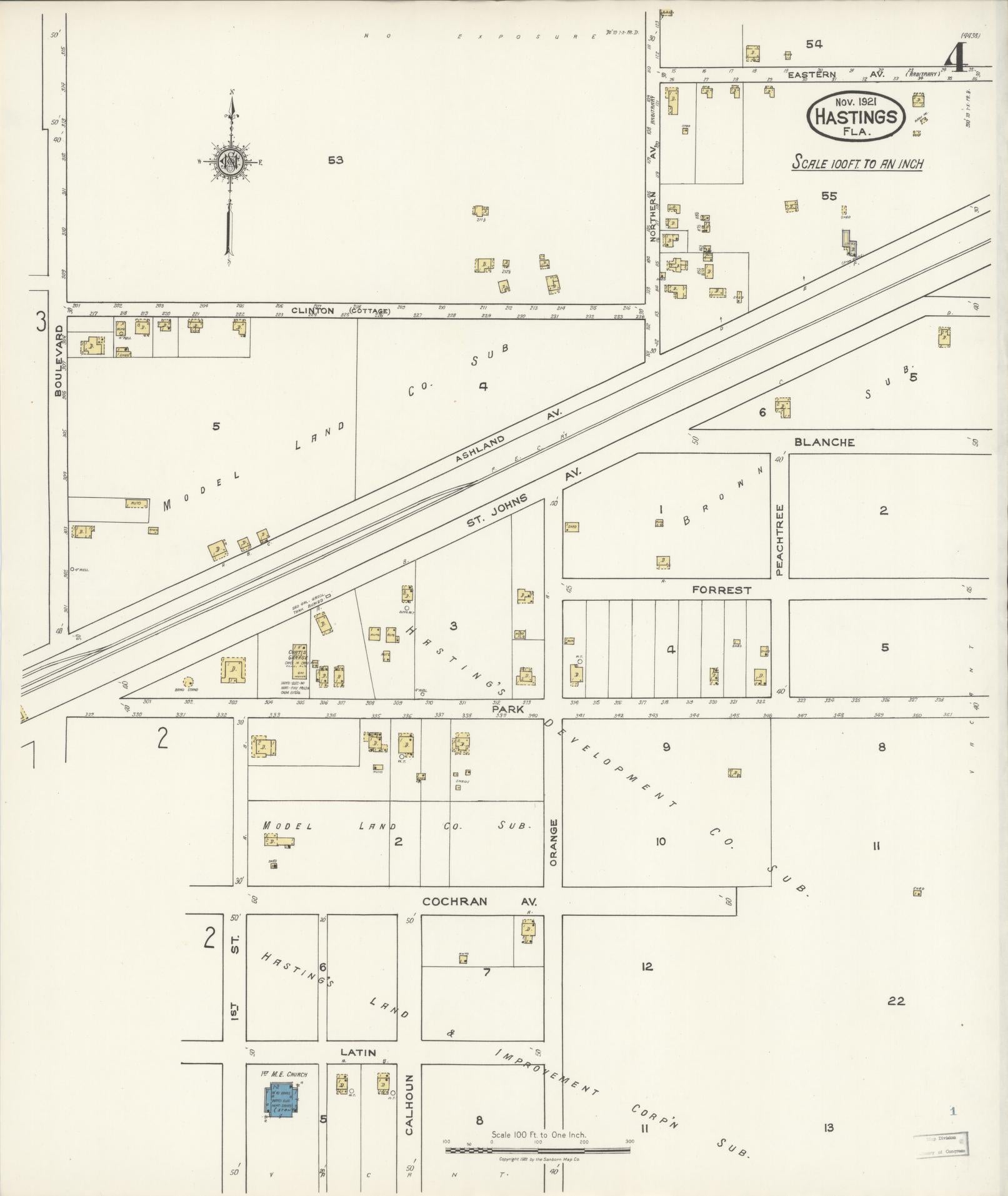 Sanborn Fire Insurance Map from Hastings, St. Johns County, Florida (1921), Sheet #0004 - Complete Map Set gallery image, historic Sanborn map, vintage wall art, Florida Florida