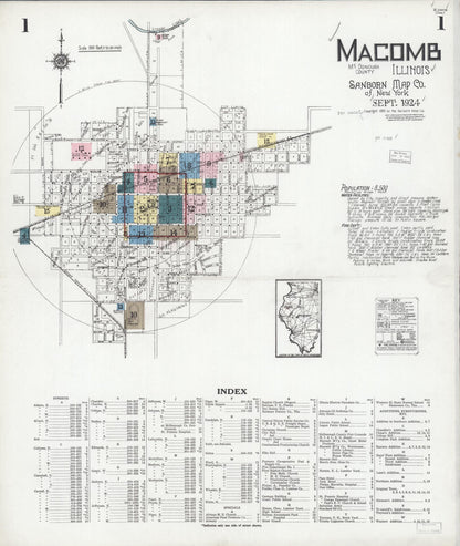 Sanborn Fire Insurance Map from Macomb, Mcdonough County, Illinois (1924), Sheet #0001 - Complete Map Set gallery image, historic Sanborn map, vintage wall art, Illinois Illinois