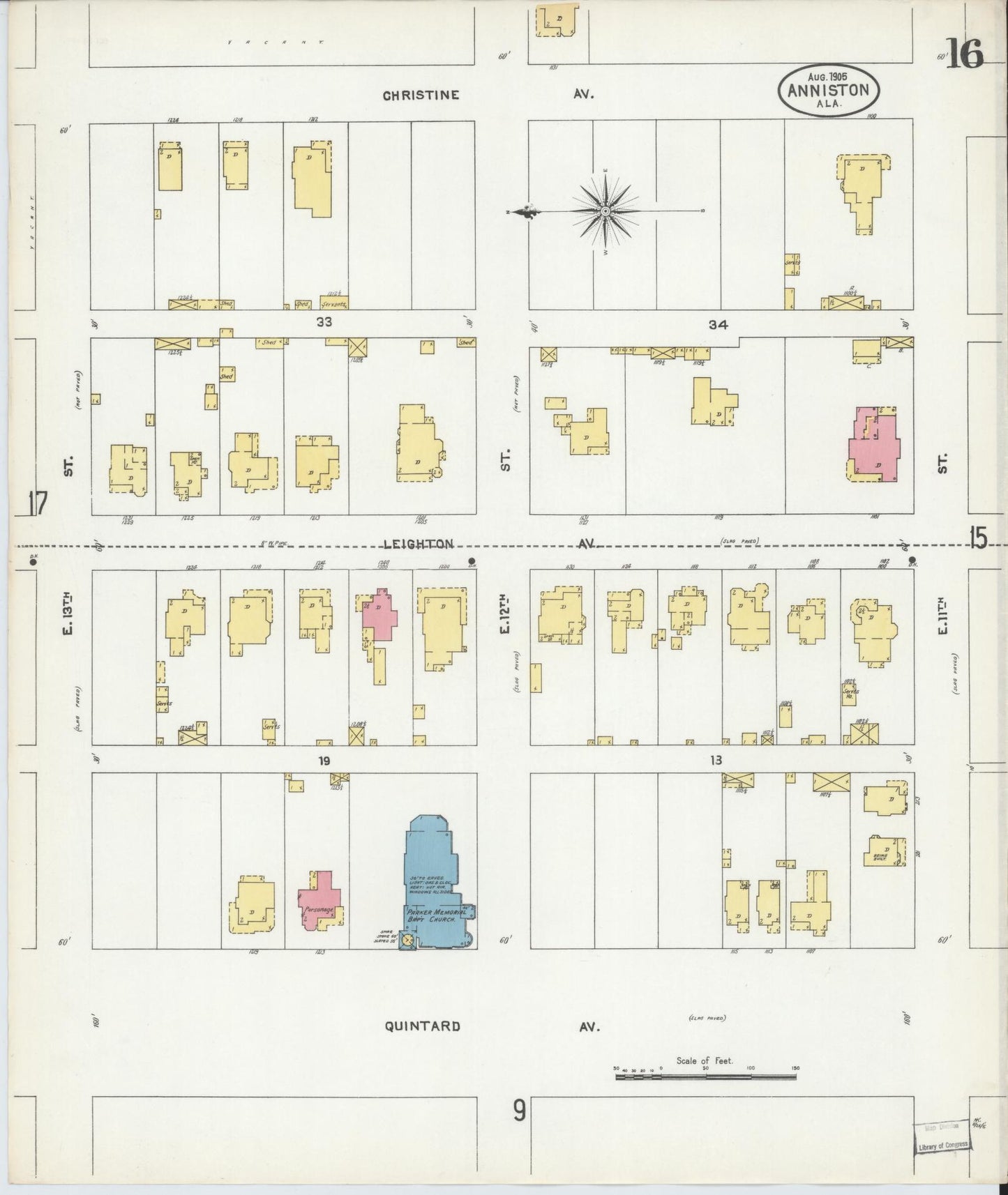 Sanborn Fire Insurance Map from Anniston, Calhoun County, Alabama (1905), Sheet #0016 - Historic Sanborn Fire Insurance Map Print, vintage old map wall art, antique decor, genealogy gift, Alabama Alabama map