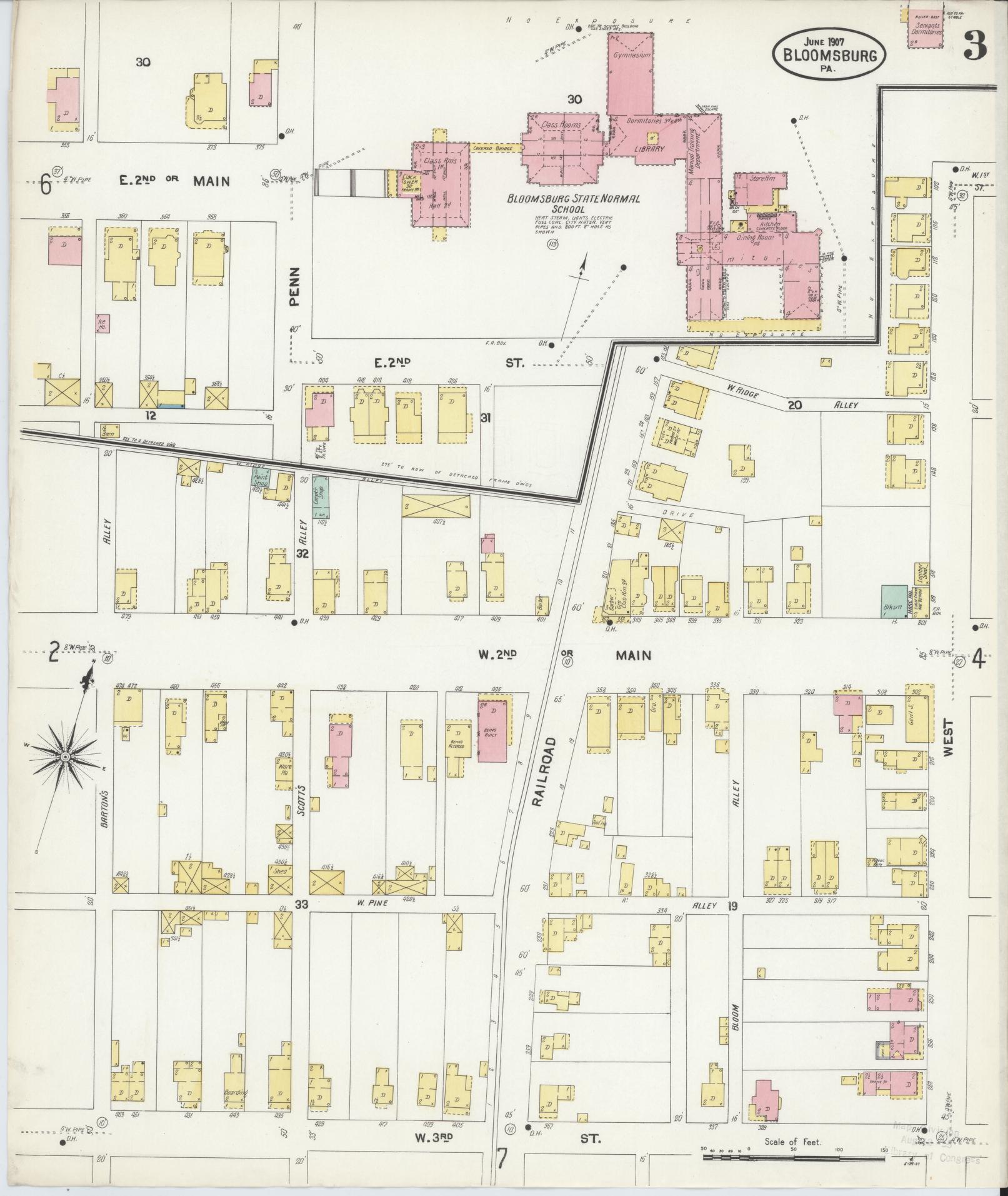 Sanborn Fire Insurance Map from Bloomsburg, Columbia County, Pennsylvania (1907), Sheet #0003 - Historic Sanborn Fire Insurance Map Print, vintage old map wall art, antique decor, genealogy gift, Pennsylvania Pennsylvania map