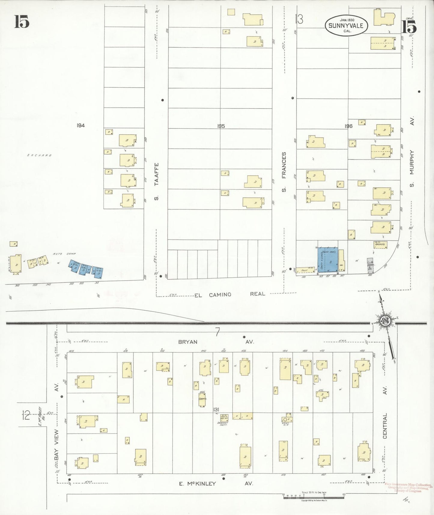 Sanborn Fire Insurance Map from Sunnyvale, Santa Clara County, California (1930), Sheet #0015 - Complete Map Set gallery image, historic Sanborn map, vintage wall art, California California