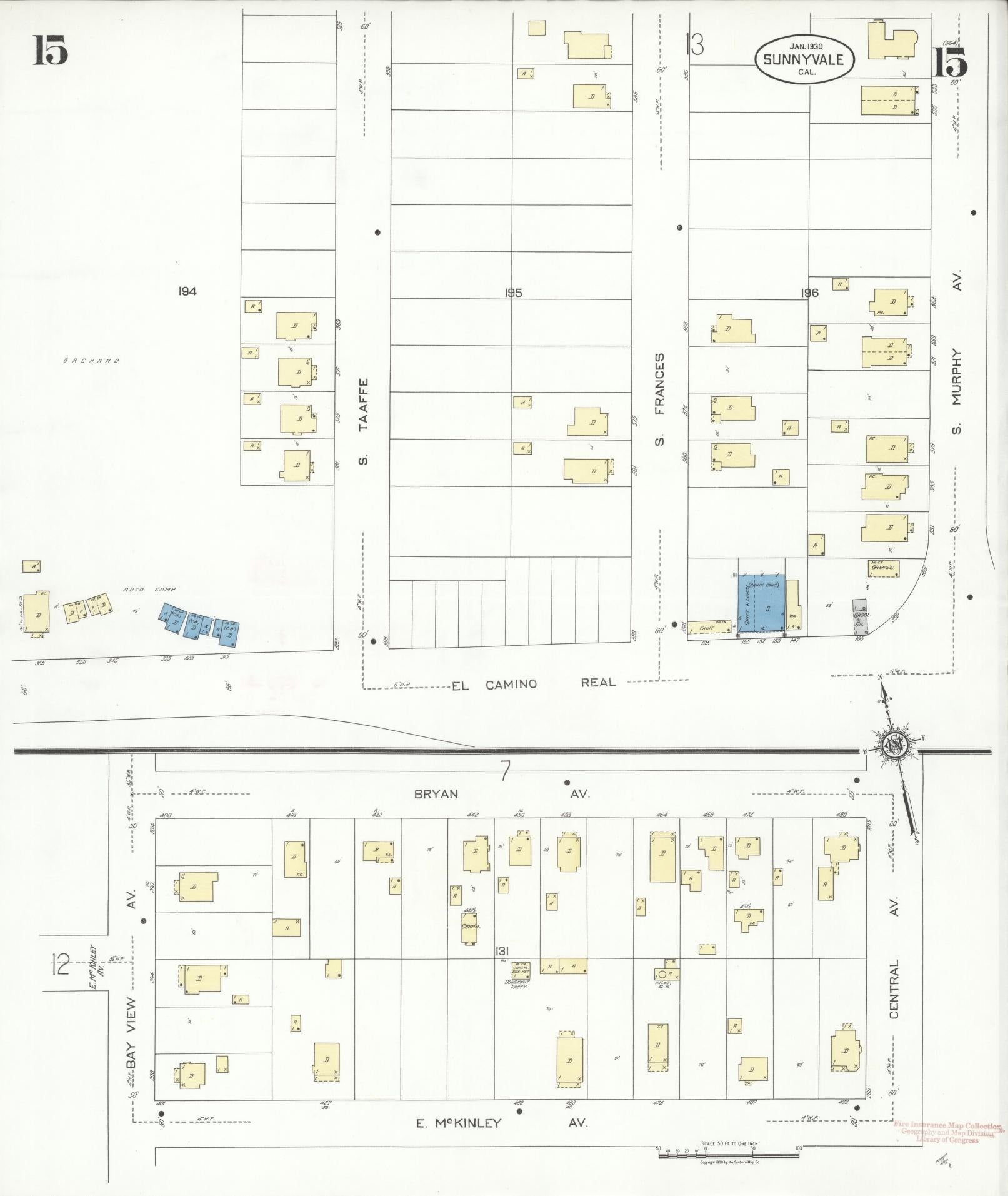 Sanborn Fire Insurance Map from Sunnyvale, Santa Clara County, California (1930), Sheet #0015 - Complete Map Set gallery image, historic Sanborn map, vintage wall art, California California
