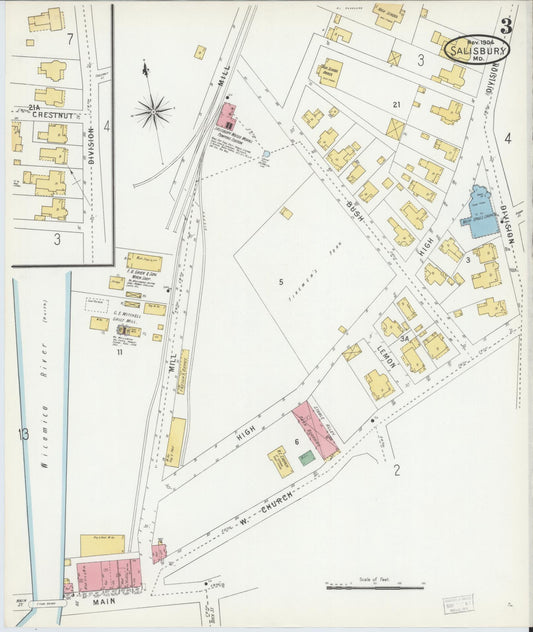 Sanborn Fire Insurance Map from Salisbury, Wicomico County, Maryland (1904), Sheet #0003 - Historic Sanborn Fire Insurance Map Print, vintage old map wall art
