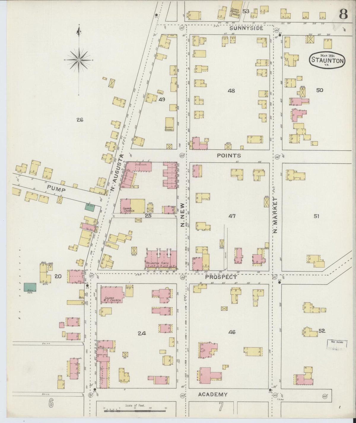 Sanborn Fire Insurance Map from Staunton, Independent Cities, Virginia (1894), Sheet #0008 - Historic Sanborn Fire Insurance Map Print, vintage old map wall art, antique decor, genealogy gift, Virginia Virginia map