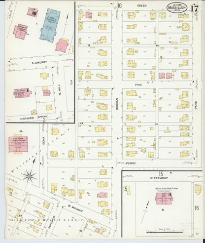 Sanborn Fire Insurance Map from Massillon, Stark County, Ohio (1908), Sheet #0017 - Historic Sanborn Fire Insurance Map Print, vintage old map wall art, antique decor, genealogy gift, Ohio Ohio map