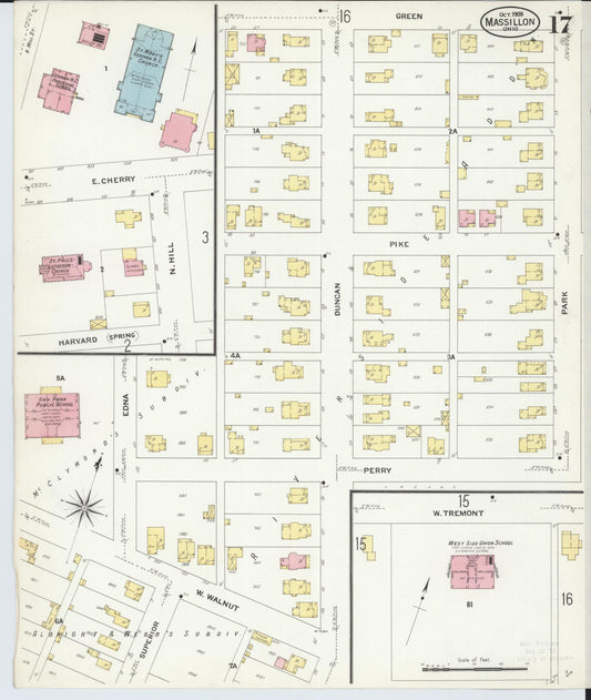 Sanborn Fire Insurance Map from Massillon, Stark County, Ohio (1908), Sheet #0017 - Historic Sanborn Fire Insurance Map Print, vintage old map wall art, antique decor, genealogy gift, Ohio Ohio map