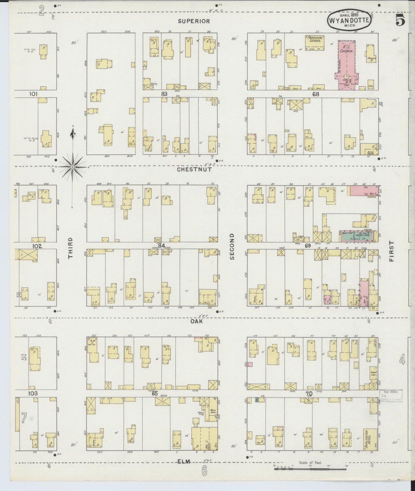 Sanborn Fire Insurance Map from Wyandotte, Wayne County, Michigan (1895), Sheet #0005 - Complete Map Set gallery image, historic Sanborn map, vintage wall art, Michigan Michigan