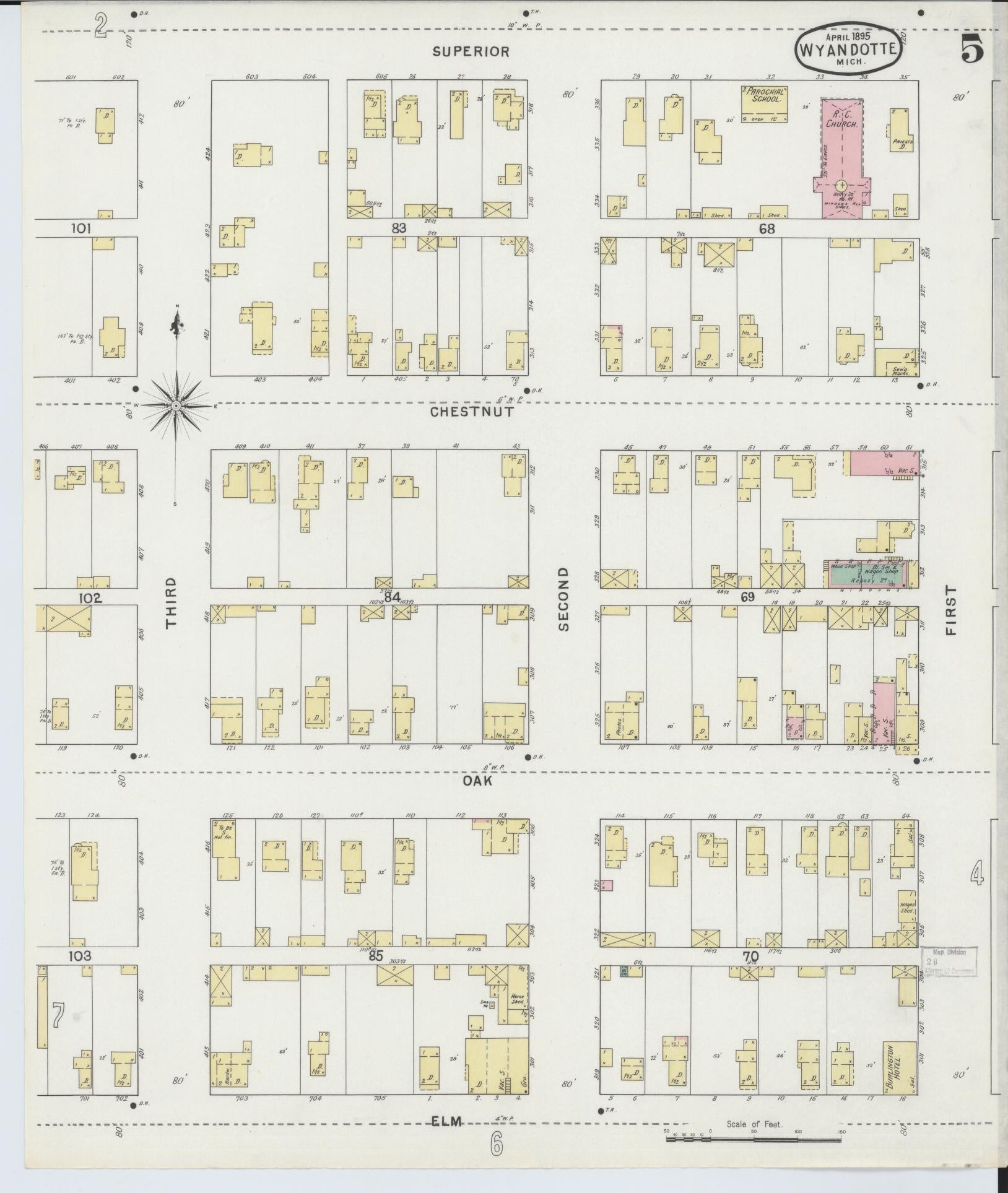 Sanborn Fire Insurance Map from Wyandotte, Wayne County, Michigan (1895), Sheet #0005 - Complete Map Set gallery image, historic Sanborn map, vintage wall art, Michigan Michigan