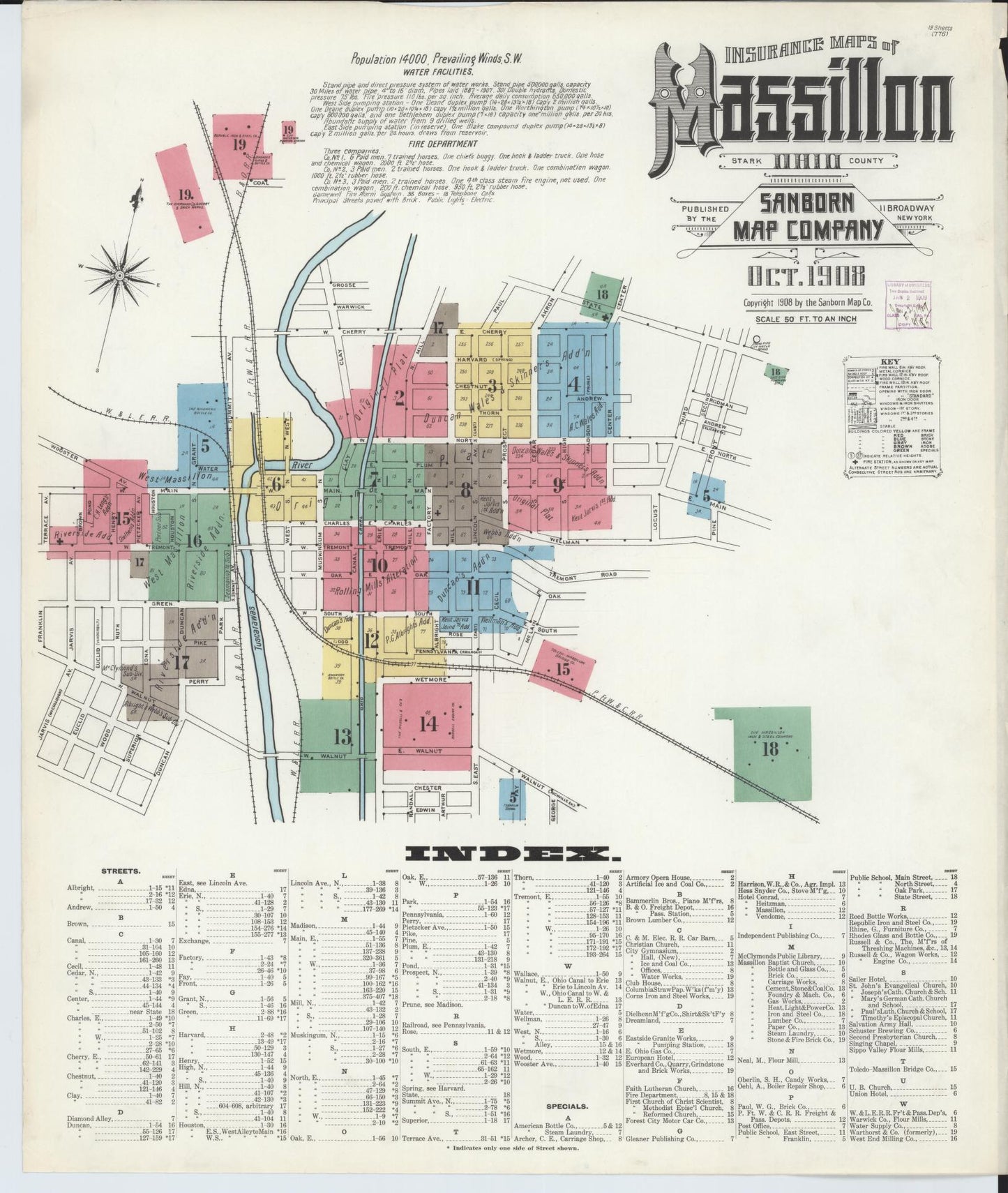 Sanborn Fire Insurance Map from Massillon, Stark County, Ohio (1908), Sheet #0001 - Historic Sanborn Fire Insurance Map Print, vintage old map wall art, antique decor, genealogy gift, Ohio Ohio map
