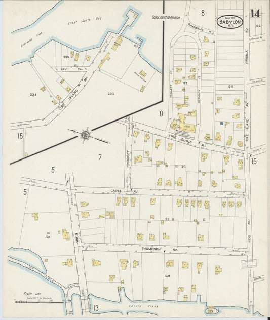 Sanborn Fire Insurance Map from Babylon, Suffolk County, New York (1915), Sheet #0014 - Historic Sanborn Fire Insurance Map Print, vintage old map wall art, antique decor, genealogy gift, New York New York map