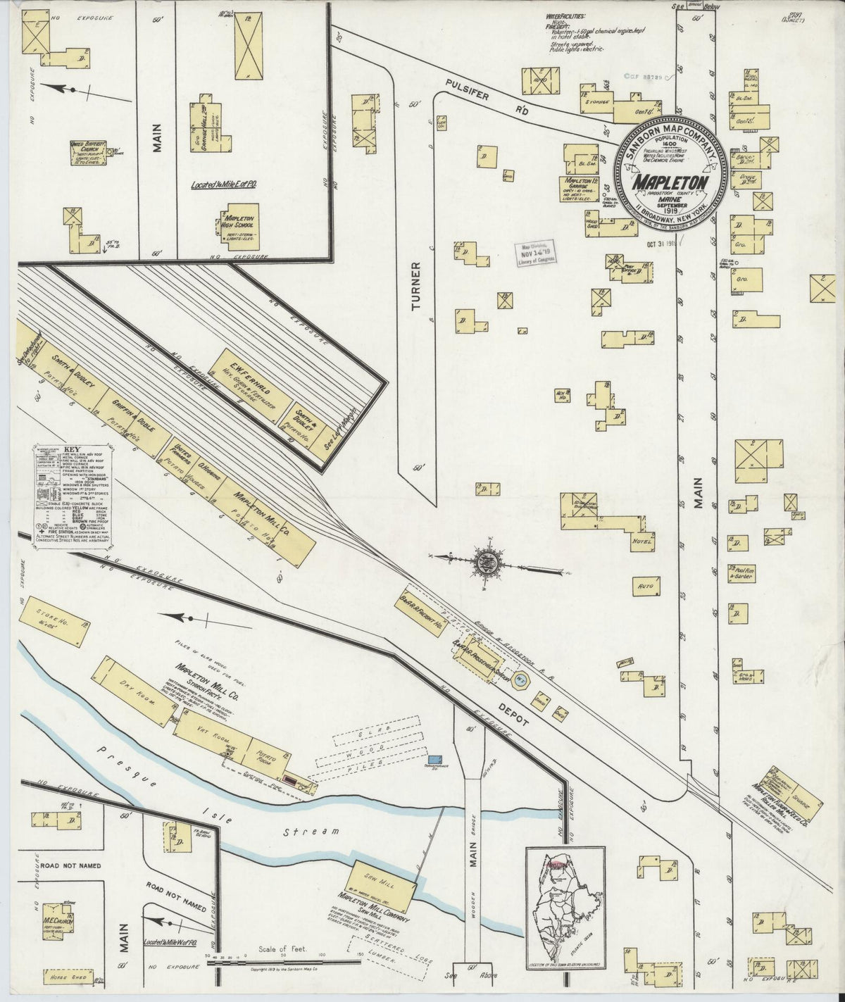 Sanborn Fire Insurance Map from Mapleton, Aroostook County, Maine (1919), Sheet #0001 - Historic Sanborn Fire Insurance Map Print, vintage old map wall art, antique decor, genealogy gift, Maine Maine map