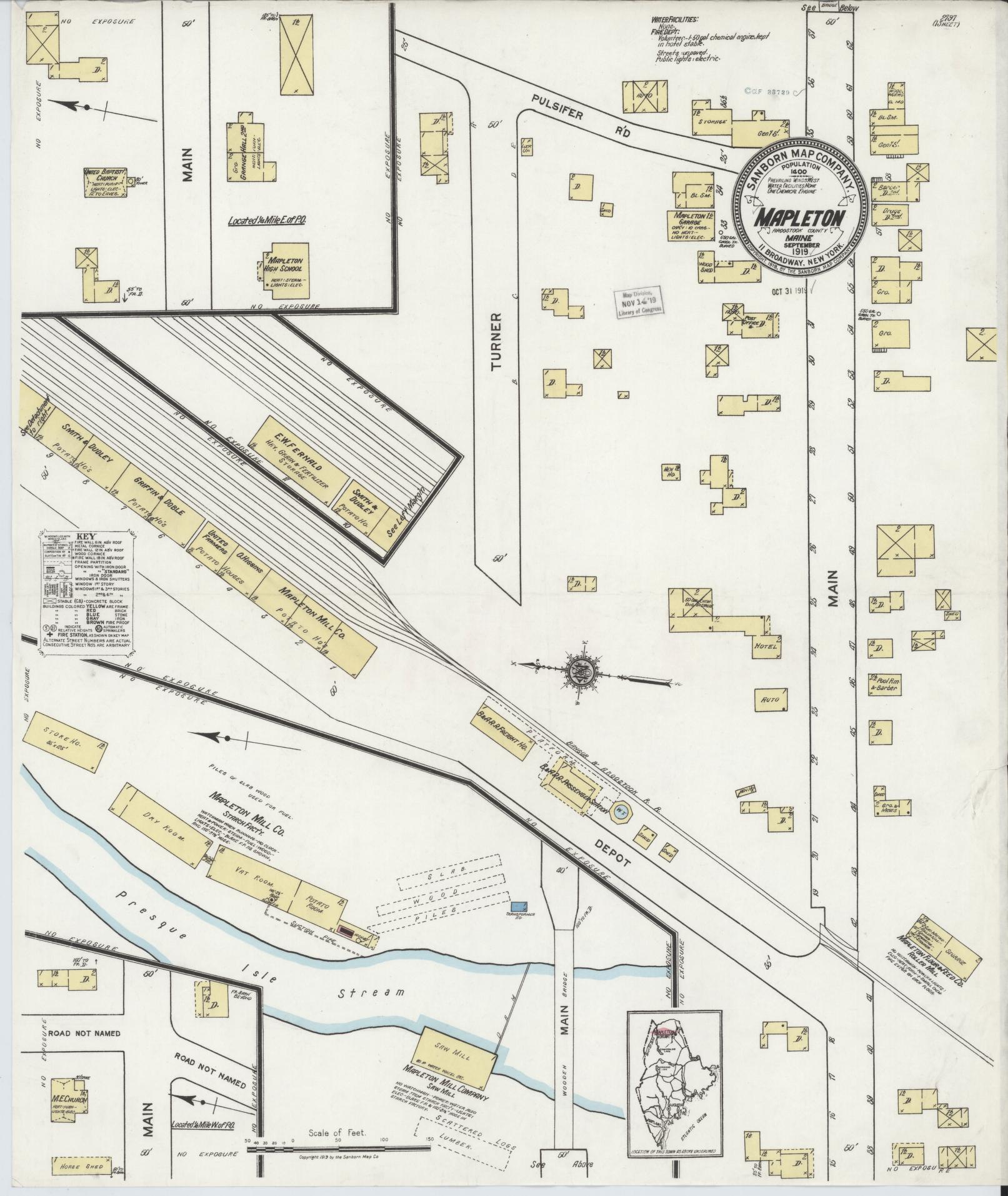 Sanborn Fire Insurance Map from Mapleton, Aroostook County, Maine (1919), Sheet #0001 - Historic Sanborn Fire Insurance Map Print, vintage old map wall art, antique decor, genealogy gift, Maine Maine map