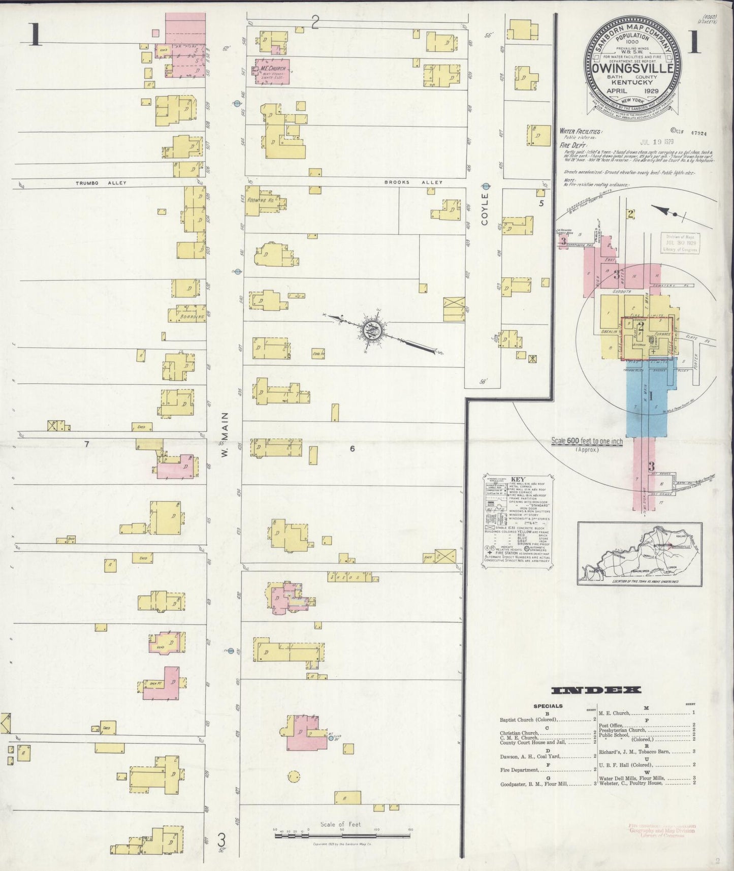 Sanborn Fire Insurance Map from Owingsville, Bath County, Kentucky (1929), Sheet #0001 - Complete Map Set gallery image, historic Sanborn map, vintage wall art, Kentucky Kentucky