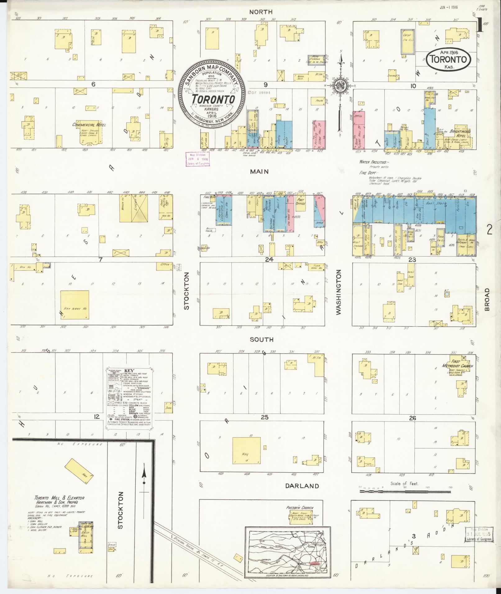 Sanborn Fire Insurance Map from Toronto, Woodson County, Kansas (1916), Sheet #0001 - Historic Sanborn Fire Insurance Map Print, vintage old map wall art, antique decor, genealogy gift, Kansas Kansas map