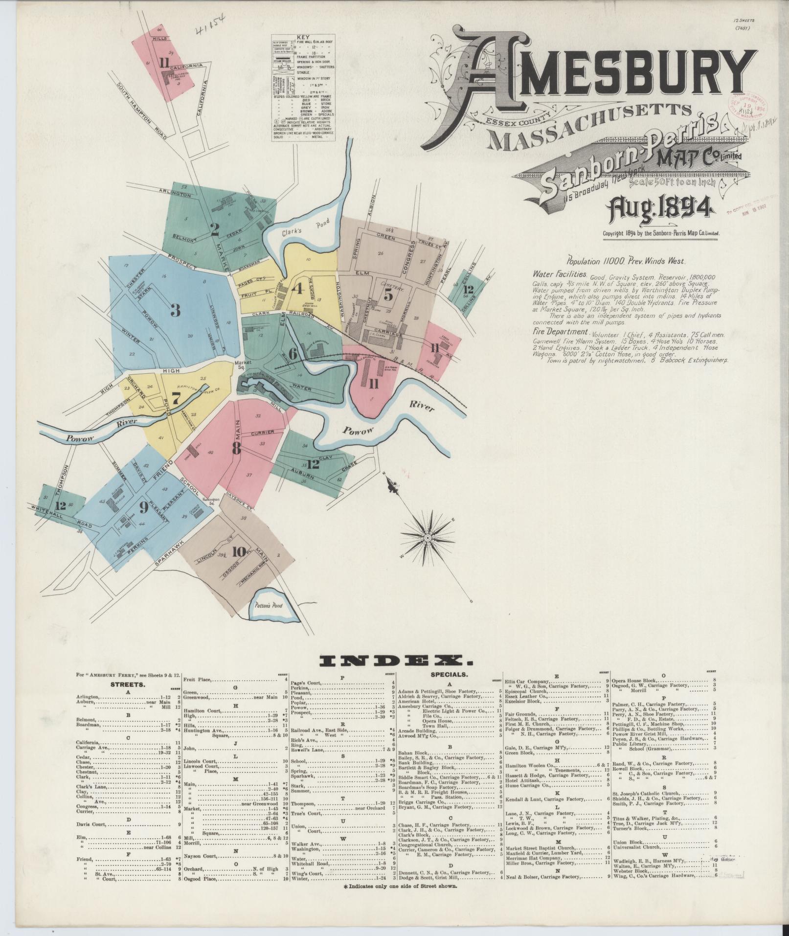 Sanborn Fire Insurance Map from Amesbury, Essex County, Massachusetts (1894), Sheet #0001 - Historic Sanborn Fire Insurance Map Print, vintage old map wall art, antique decor, genealogy gift, Massachusetts Massachusetts map