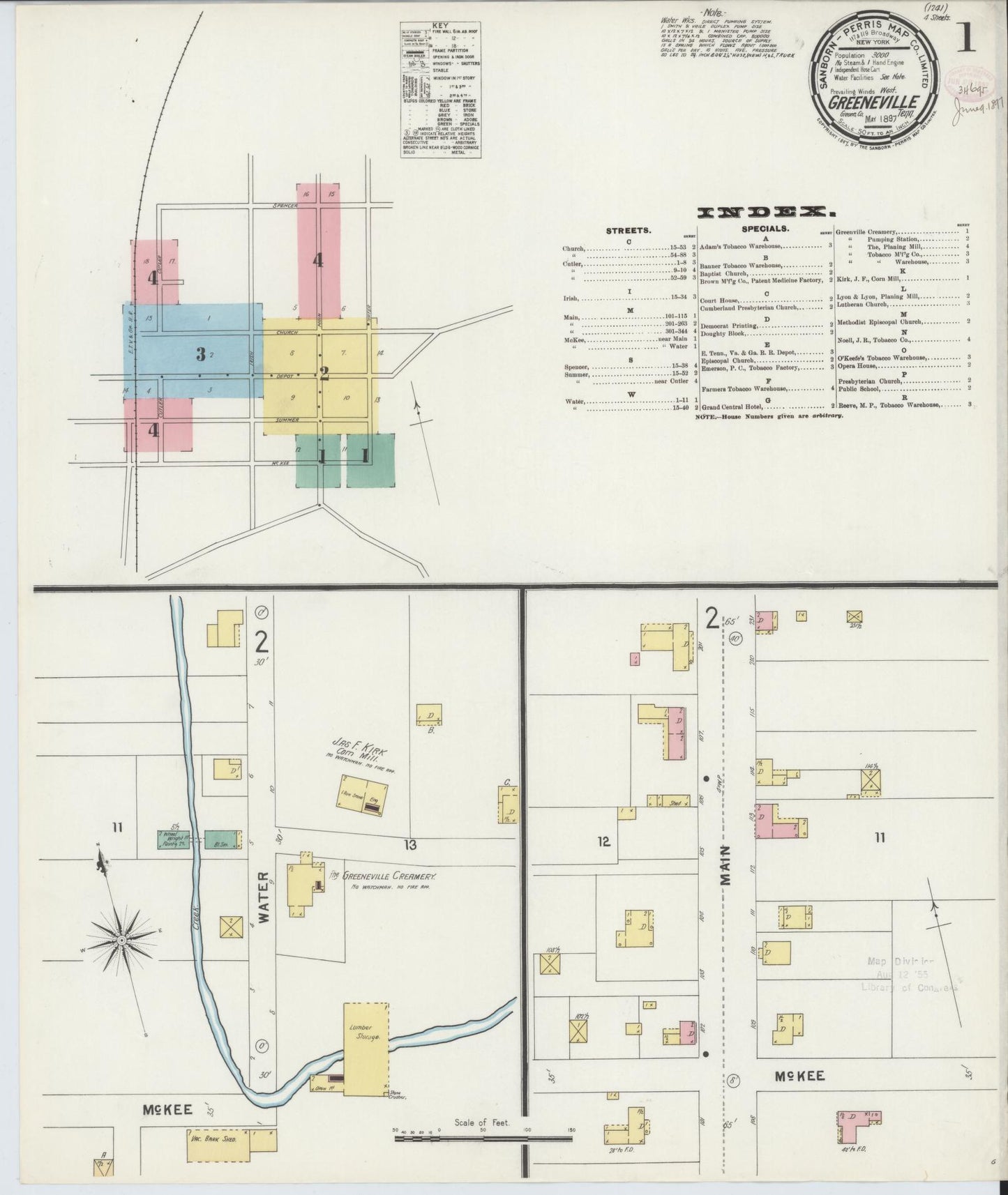 Sanborn Fire Insurance Map from Greeneville, Greene County, Tennessee (1897), Sheet #0001 - Historic Sanborn Fire Insurance Map Print, vintage old map wall art, antique decor, genealogy gift, Tennessee Tennessee map