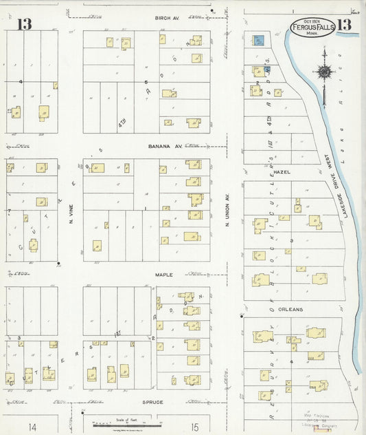 Sanborn Fire Insurance Map from Fergus Falls, Otter Tail County, Minnesota (1924), Sheet #0013 - Historic Sanborn Fire Insurance Map Print, vintage old map wall art, antique decor, genealogy gift, Minnesota Minnesota map