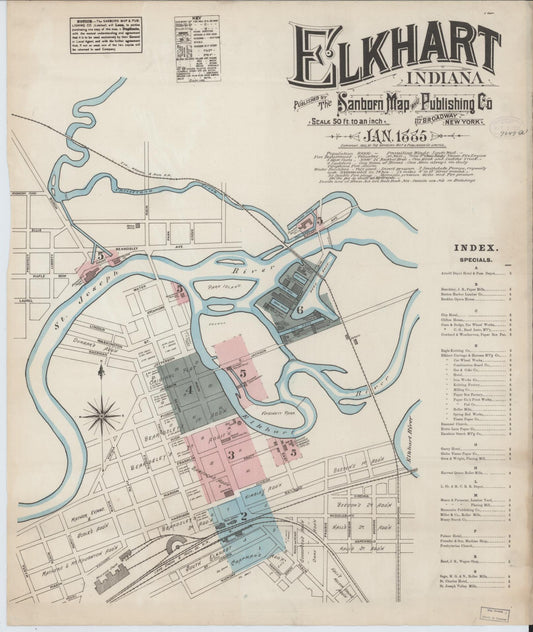 Sanborn Fire Insurance Map from Elkhart, Elkhart County, Indiana (1885), Sheet #0001 - Historic Sanborn Fire Insurance Map Print, vintage old map wall art, antique decor, genealogy gift, Indiana Indiana map