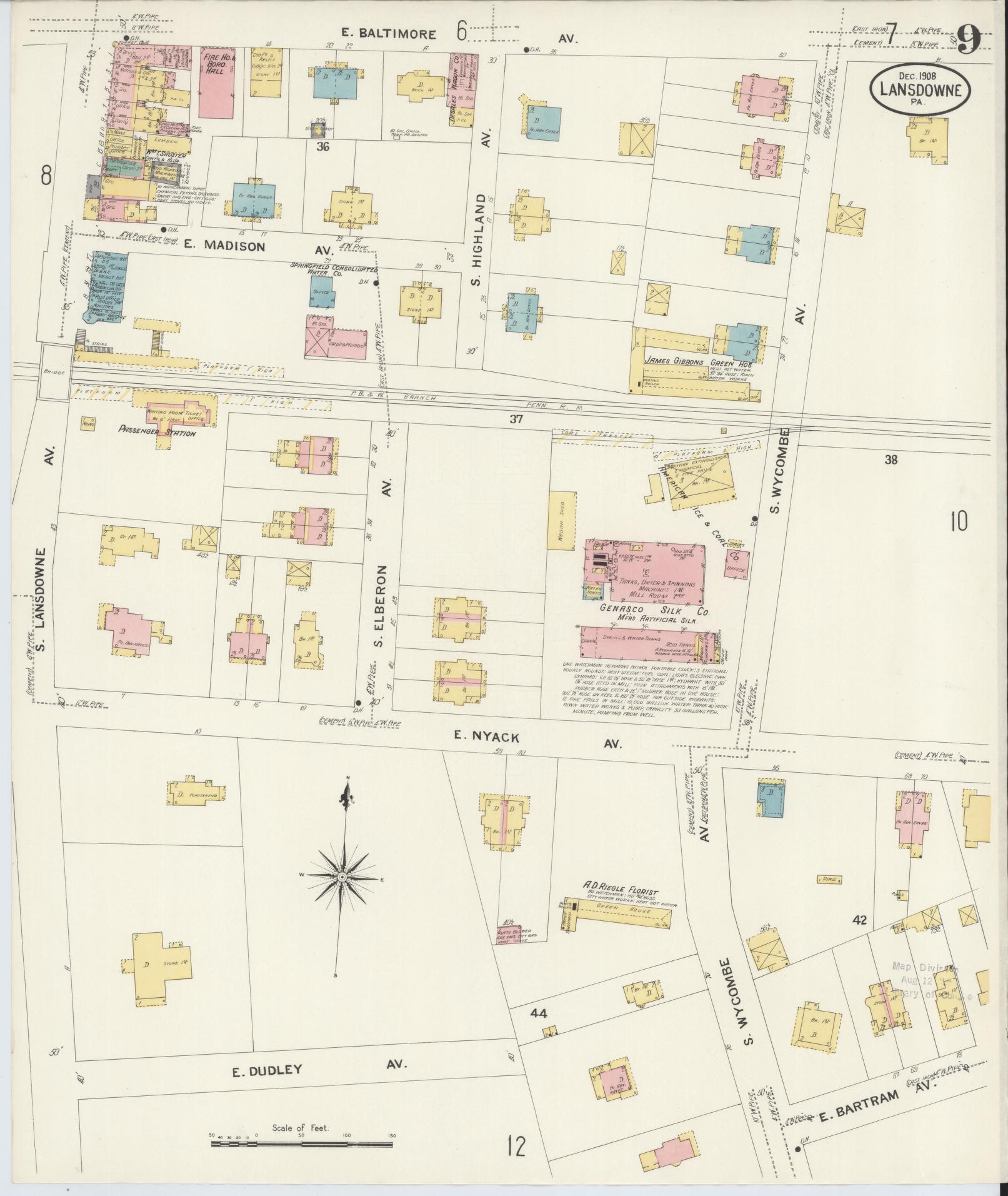 Sanborn Fire Insurance Map from Lansdowne, Delaware County, Pennsylvania (1908), Sheet #0009 - Historic Sanborn Fire Insurance Map Print, vintage old map wall art, antique decor, genealogy gift, Pennsylvania Pennsylvania map