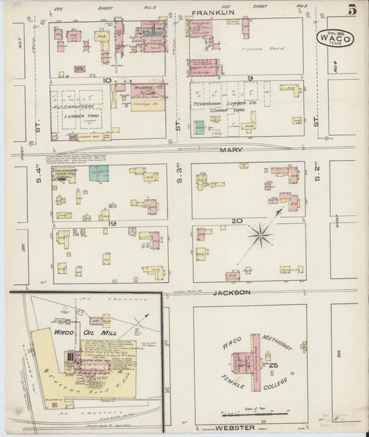 Sanborn Fire Insurance Map from Waco, McLennan County, Texas (1885), Sheet #0005 - Historic Sanborn Fire Insurance Map Print, vintage old map wall art, antique decor, genealogy gift, Texas Texas map