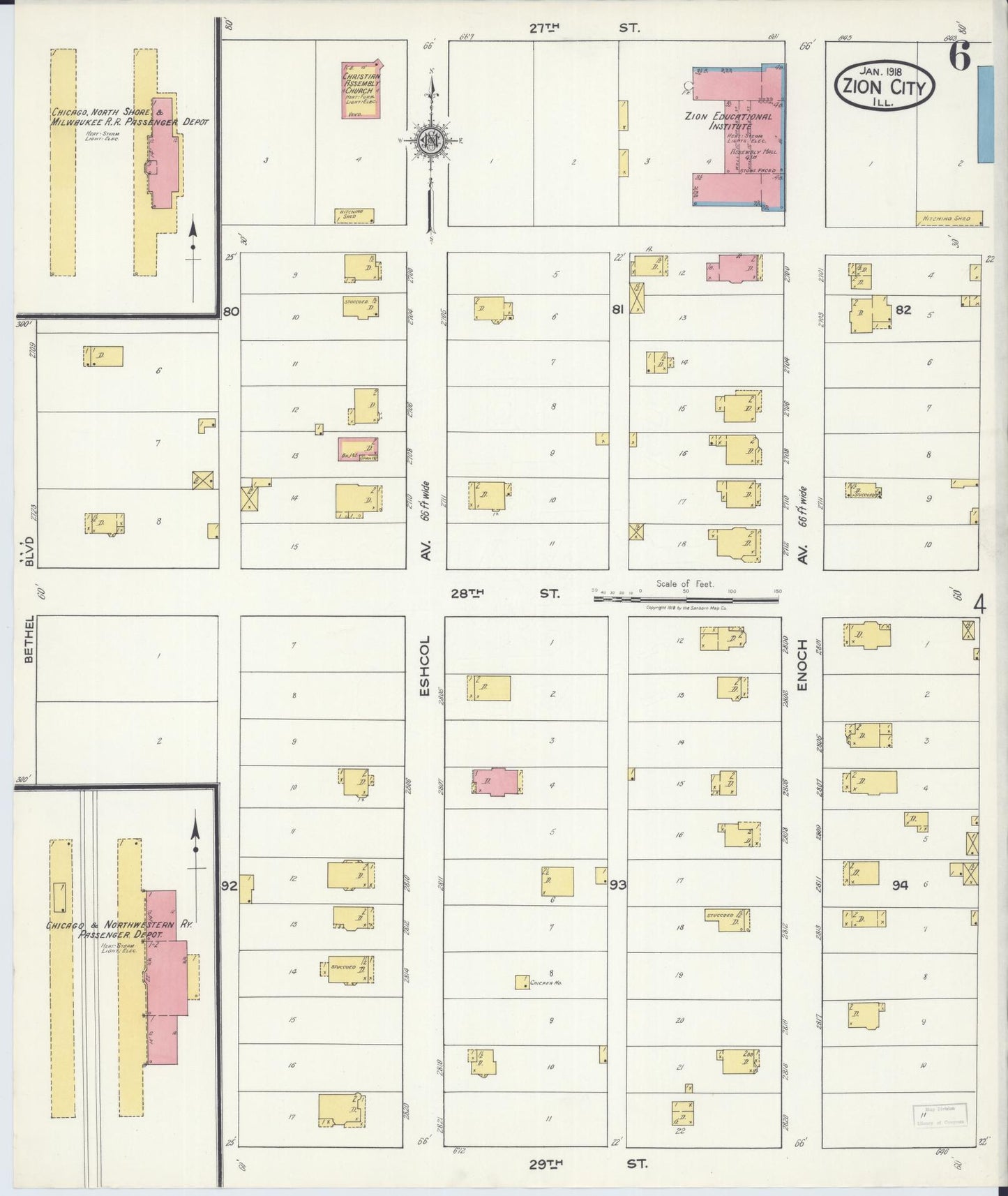 Sanborn Fire Insurance Map from Zion, Lake County, Illinois (1918), Sheet #0006 - Complete Map Set gallery image, historic Sanborn map, vintage wall art, Illinois Illinois