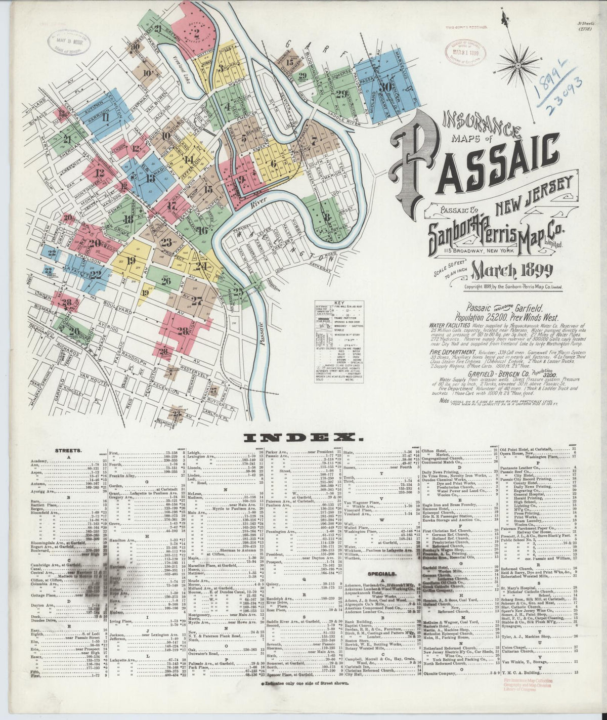 Sanborn Fire Insurance Map from Passaic, Passaic County, New Jersey (1899), Sheet #0001 - Historic Sanborn Fire Insurance Map Print, vintage old map wall art, antique decor, genealogy gift, New Jersey New Jersey map