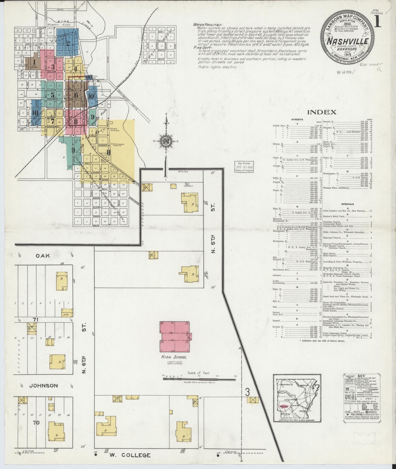 Sanborn Fire Insurance Map from Nashville, Howard County, Arkansas (1919), Sheet #0001 - Complete Map Set gallery image, historic Sanborn map, vintage wall art, Arkansas Arkansas