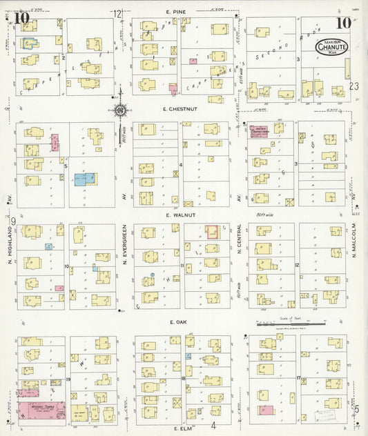 Sanborn Fire Insurance Map from Chanute, Neosho County, Kansas (1924), Sheet #0010 - Historic Sanborn Fire Insurance Map Print, vintage old map wall art, antique decor, genealogy gift, Kansas Kansas map