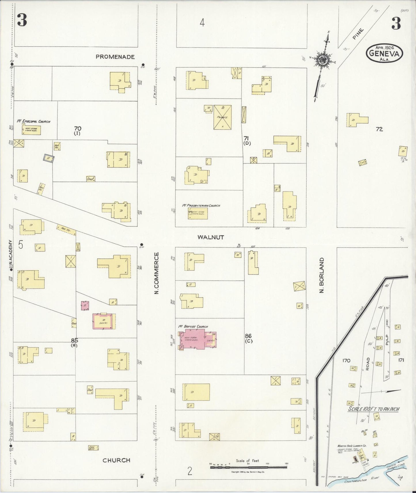 Sanborn Fire Insurance Map from Geneva, Geneva County, Alabama (1924), Sheet #0003 - Historic Sanborn Fire Insurance Map Print, vintage old map wall art, antique decor, genealogy gift, Alabama Alabama map
