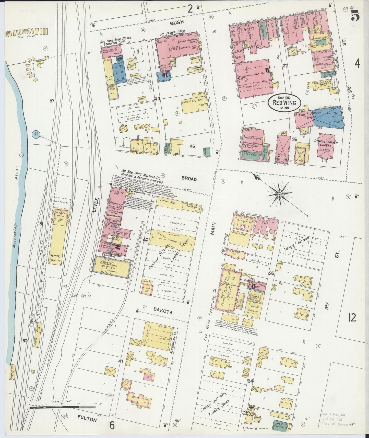 Sanborn Fire Insurance Map from Red Wing, Goodhue County, Minnesota (1902), Sheet #0005 - Historic Sanborn Fire Insurance Map Print, vintage old map wall art, antique decor, genealogy gift, Minnesota Minnesota map