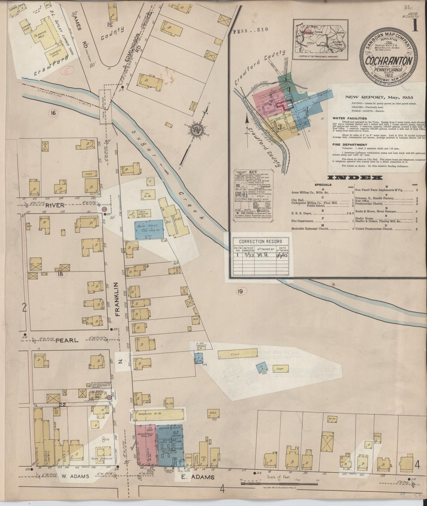 Sanborn Fire Insurance Map from Cochranton, Crawford County, Pennsylvania (1933), Sheet #0001 - Historic Sanborn Fire Insurance Map Print, vintage old map wall art, antique decor, genealogy gift, Pennsylvania Pennsylvania map