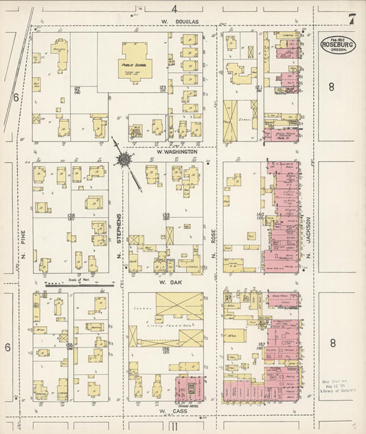 Sanborn Fire Insurance Map from Roseburg, Douglas County, Oregon (1912), Sheet #0007 - Historic Sanborn Fire Insurance Map Print, vintage old map wall art, antique decor, genealogy gift, Oregon Oregon map