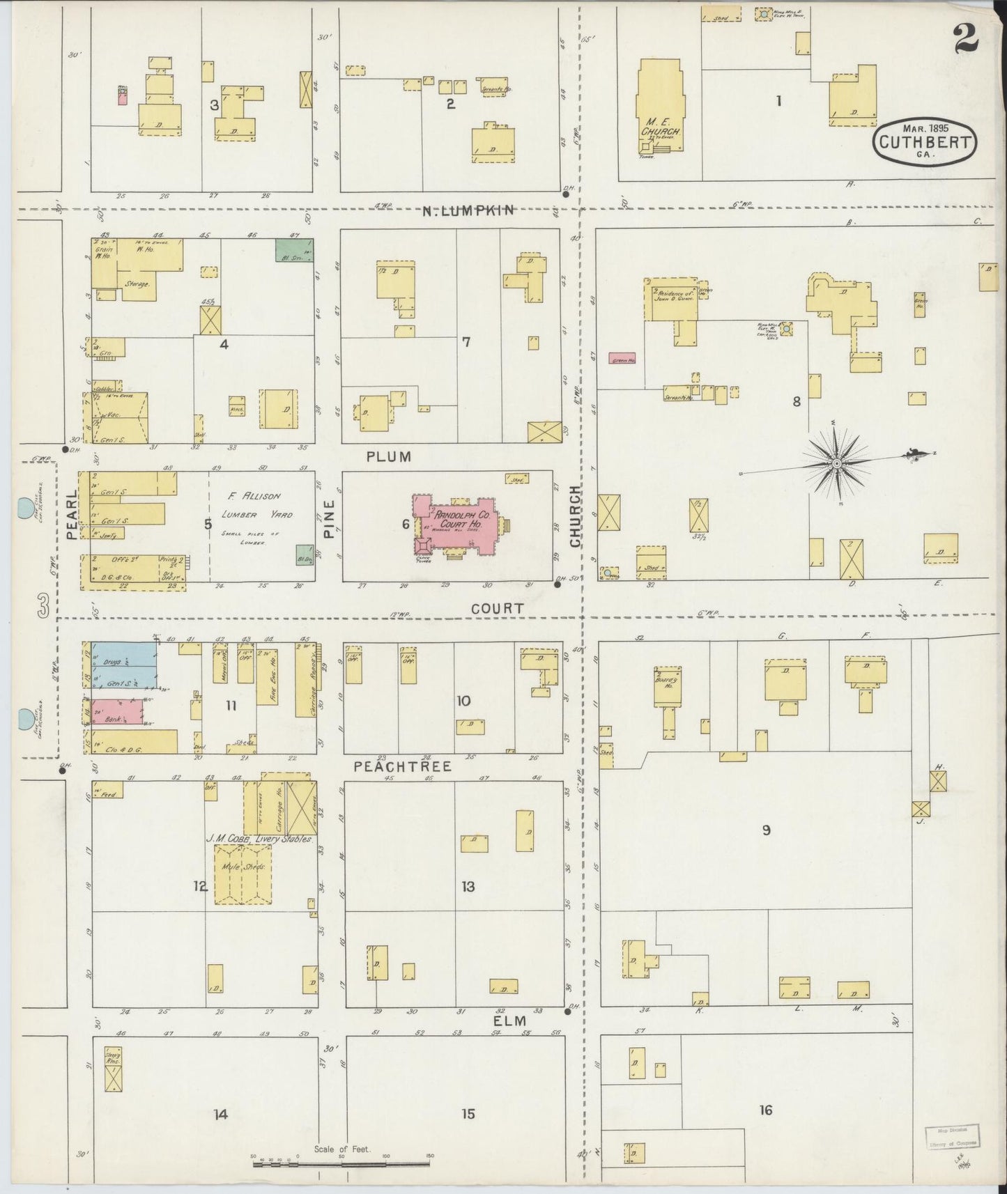 Sanborn Fire Insurance Map from Cuthbert, Randolph County, Georgia (1895), Sheet #0002 - Historic Sanborn Fire Insurance Map Print, vintage old map wall art, antique decor, genealogy gift, Georgia Georgia map