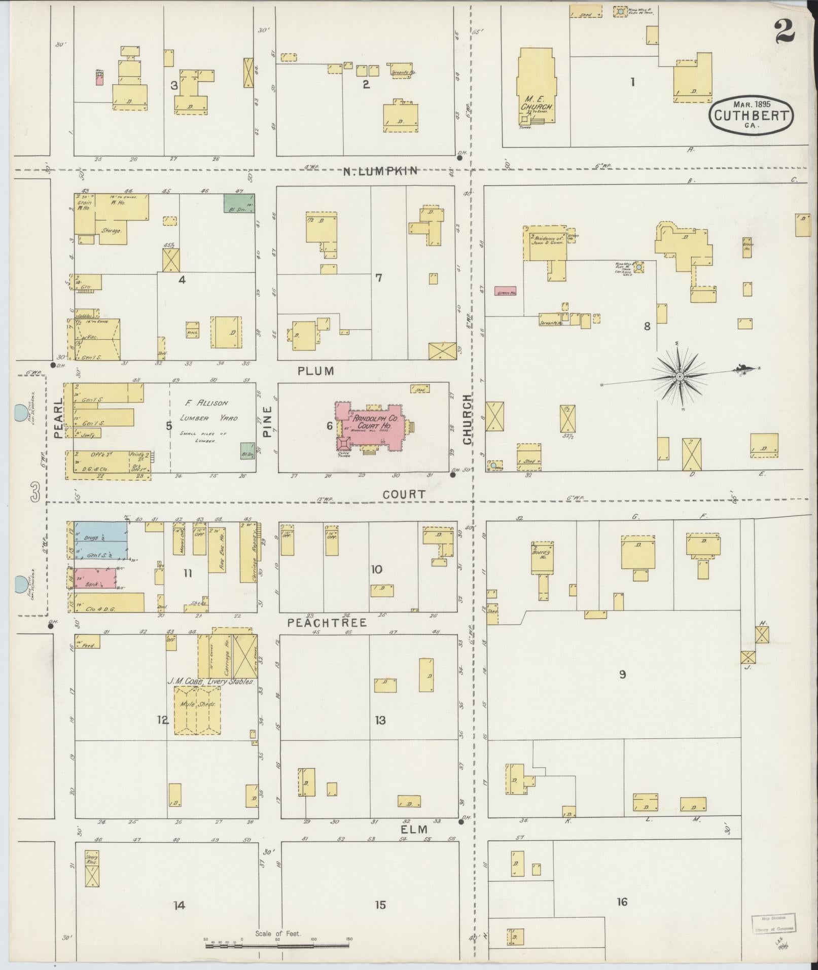 Sanborn Fire Insurance Map from Cuthbert, Randolph County, Georgia (1895), Sheet #0002 - Historic Sanborn Fire Insurance Map Print, vintage old map wall art, antique decor, genealogy gift, Georgia Georgia map